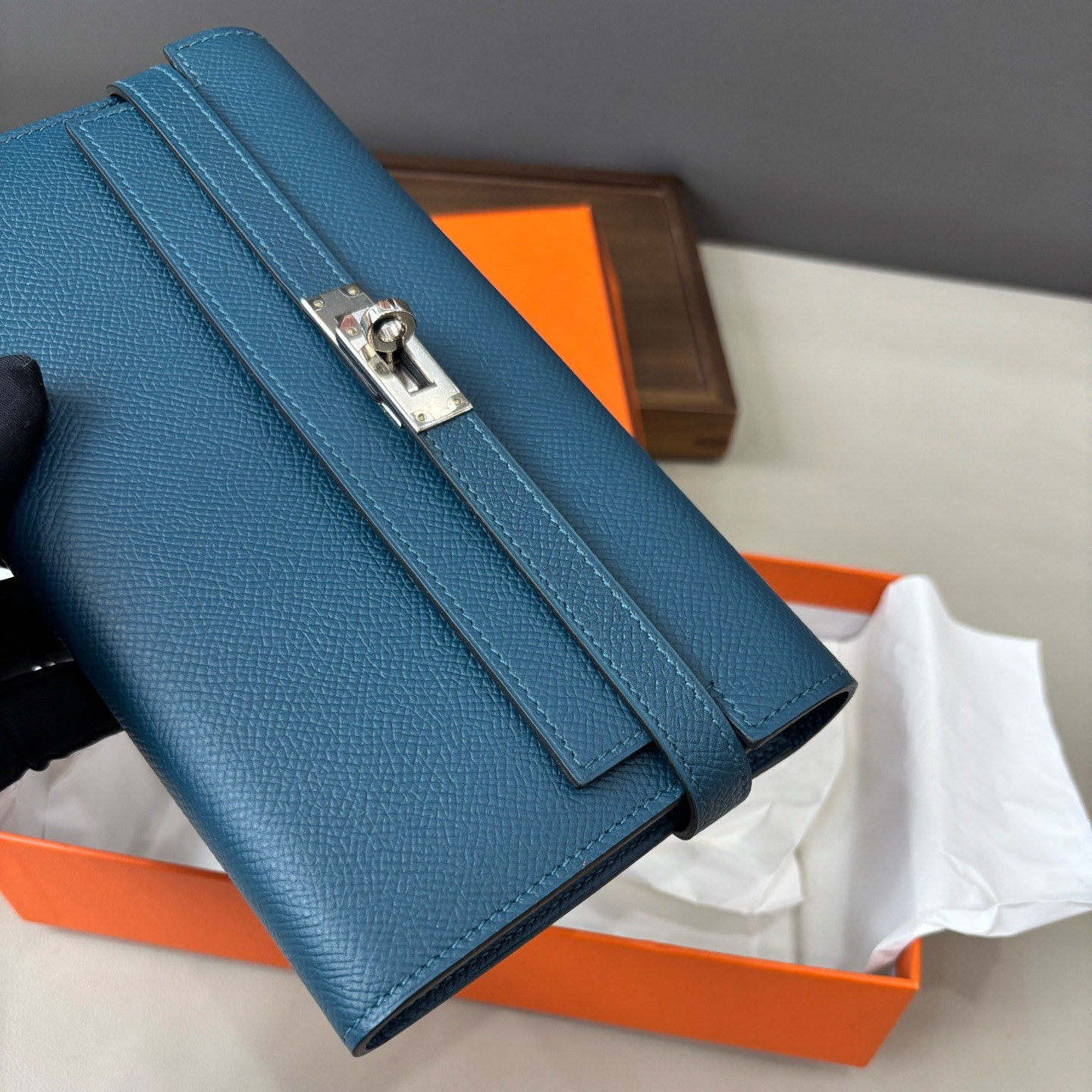 Excellent Hermes Kelly Epsom Leather Blue Long Wallet Clutch Silver Hardware