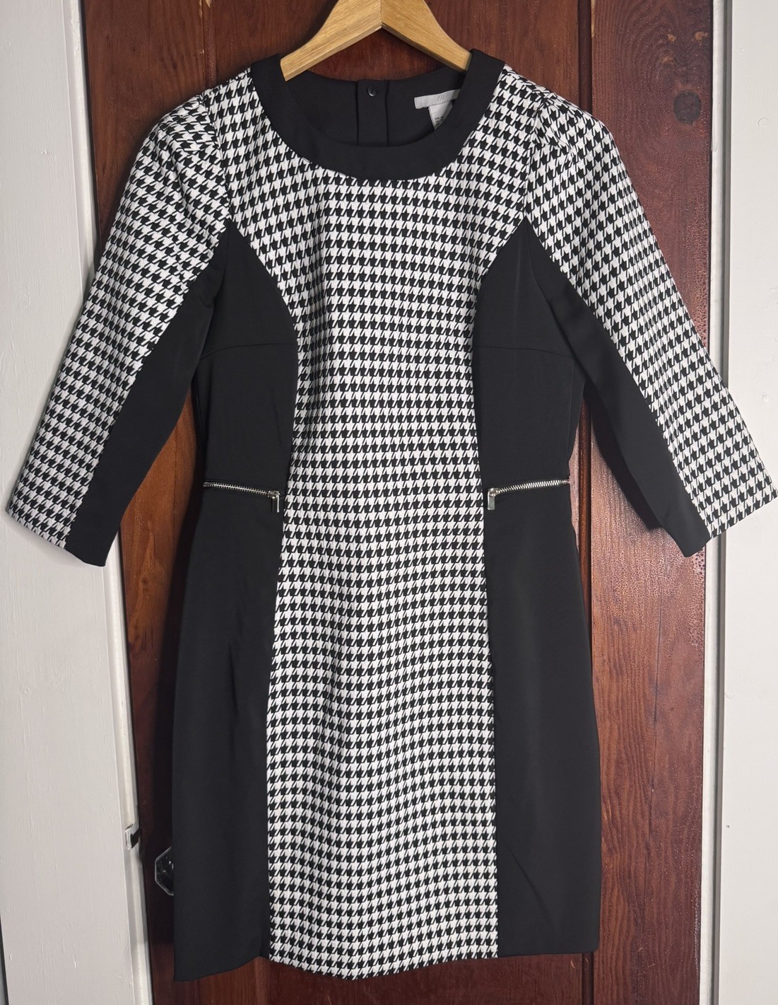 H&M Houndstooth Sheath Bodycon Dress Black Size 10 Slimming #0134