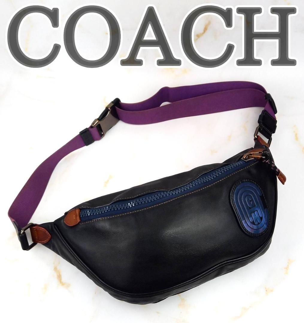 COACH Leather Black Purple Belt Bag Crossbody Waist Pack Auth