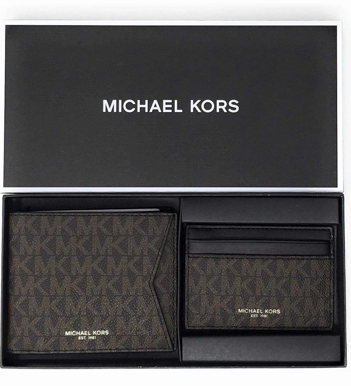 Michael Kors Men’s Signature Logo Leather Billfold Wallet Card Case Set NIB $128