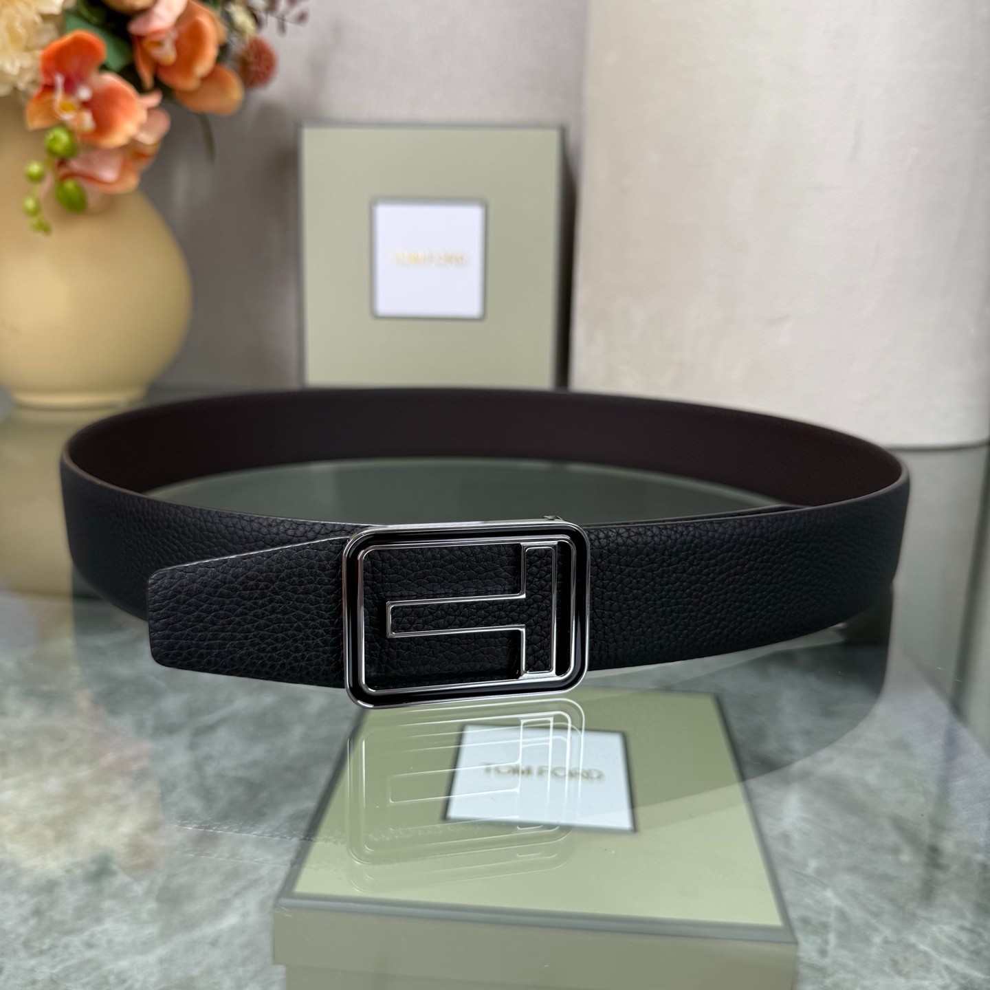 Authentic Tom Ford Reversible Leather T-Buckle Belt Luxury Designer Fashion