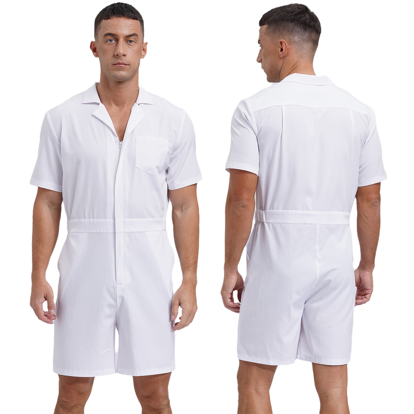 Mens Jumpsuit Bodysuit Overalls Short Sleeve Rompers Workout Turn-down Collar