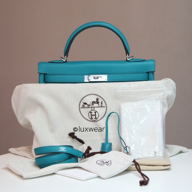 HERMES KELLY Paon Blue 32cm with silver hardware