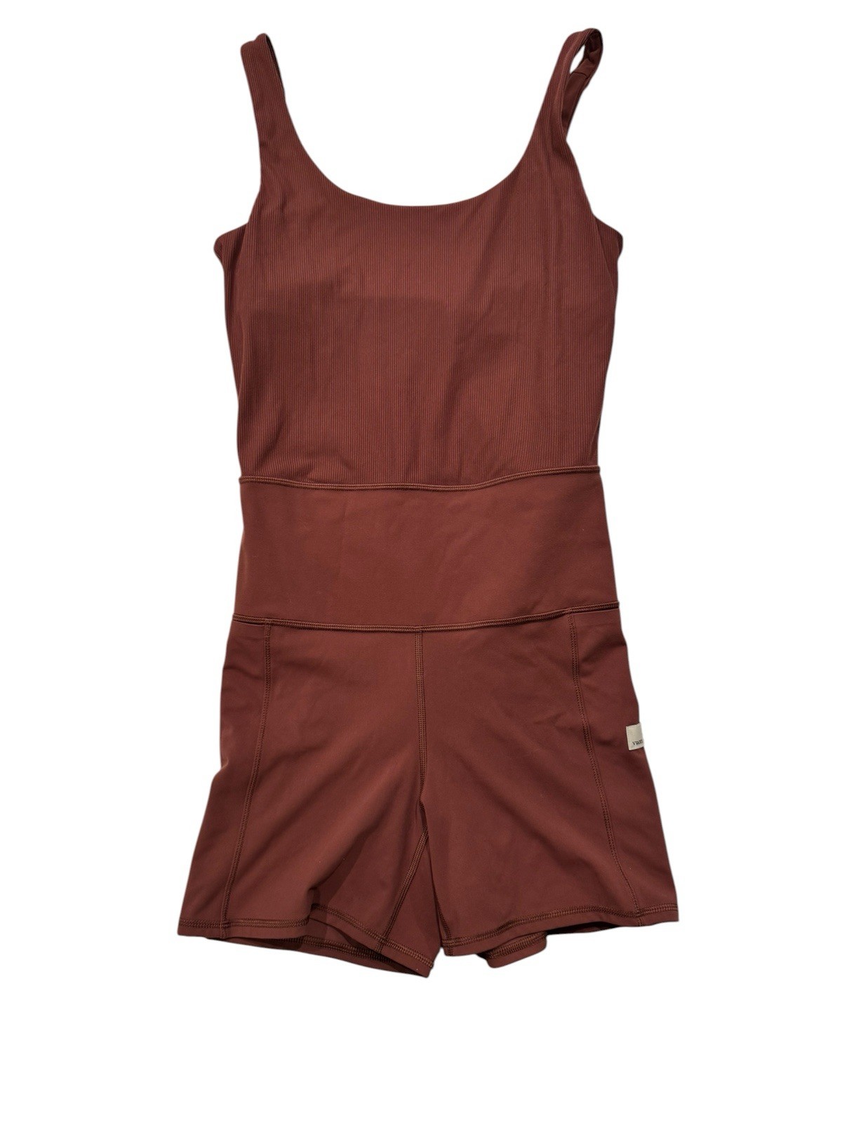 Vuori Ribbed Activewear Romper Mahogany Brown Womens Yoga Bodysuit Pockets