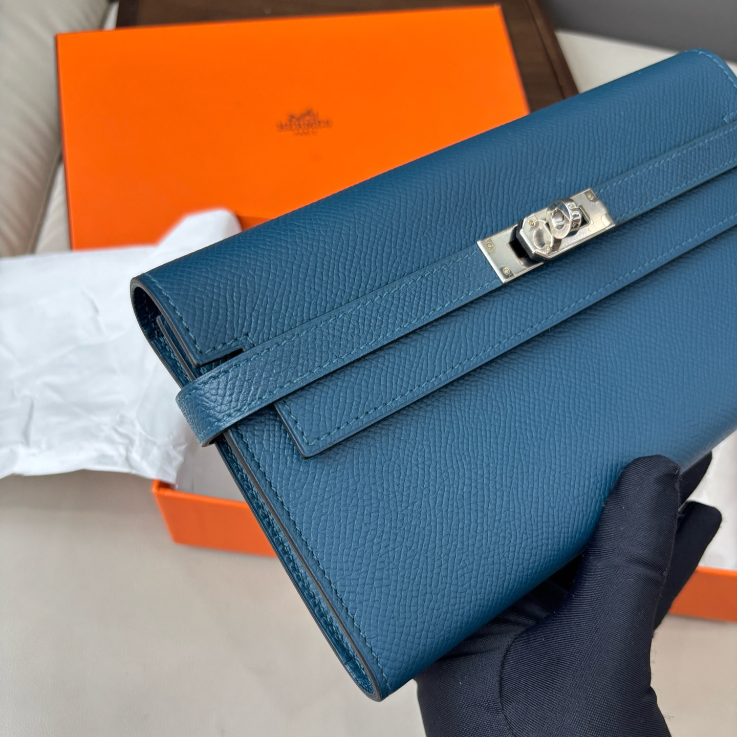 Excellent Hermes Kelly Epsom Leather Blue Long Wallet Clutch Silver Hardware