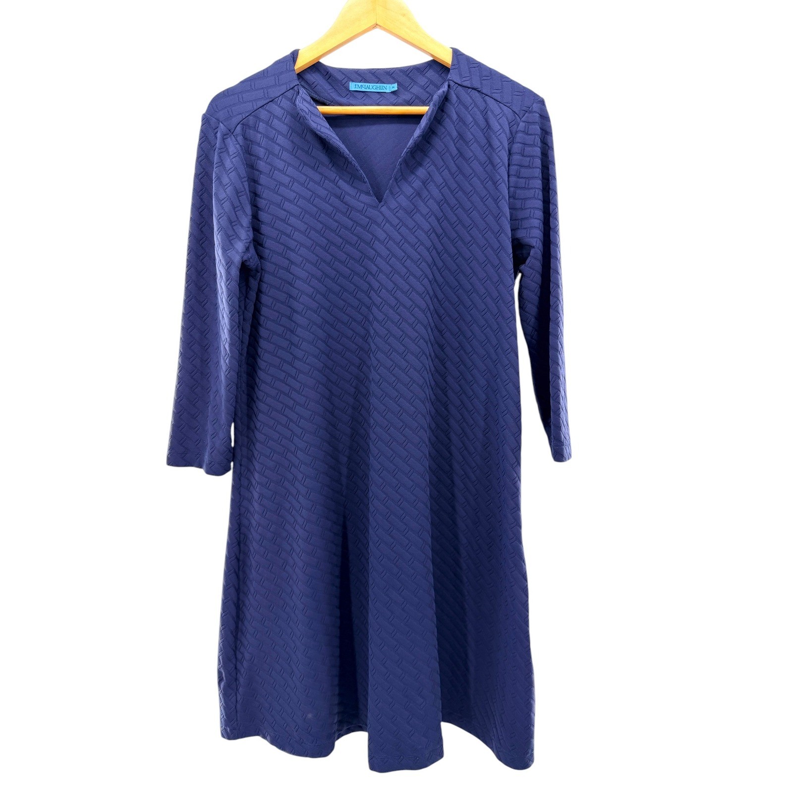 J.Mclaughlin Octavia Dress Fernwood Geo Jacquard Navy Blue Textured Split Neck M