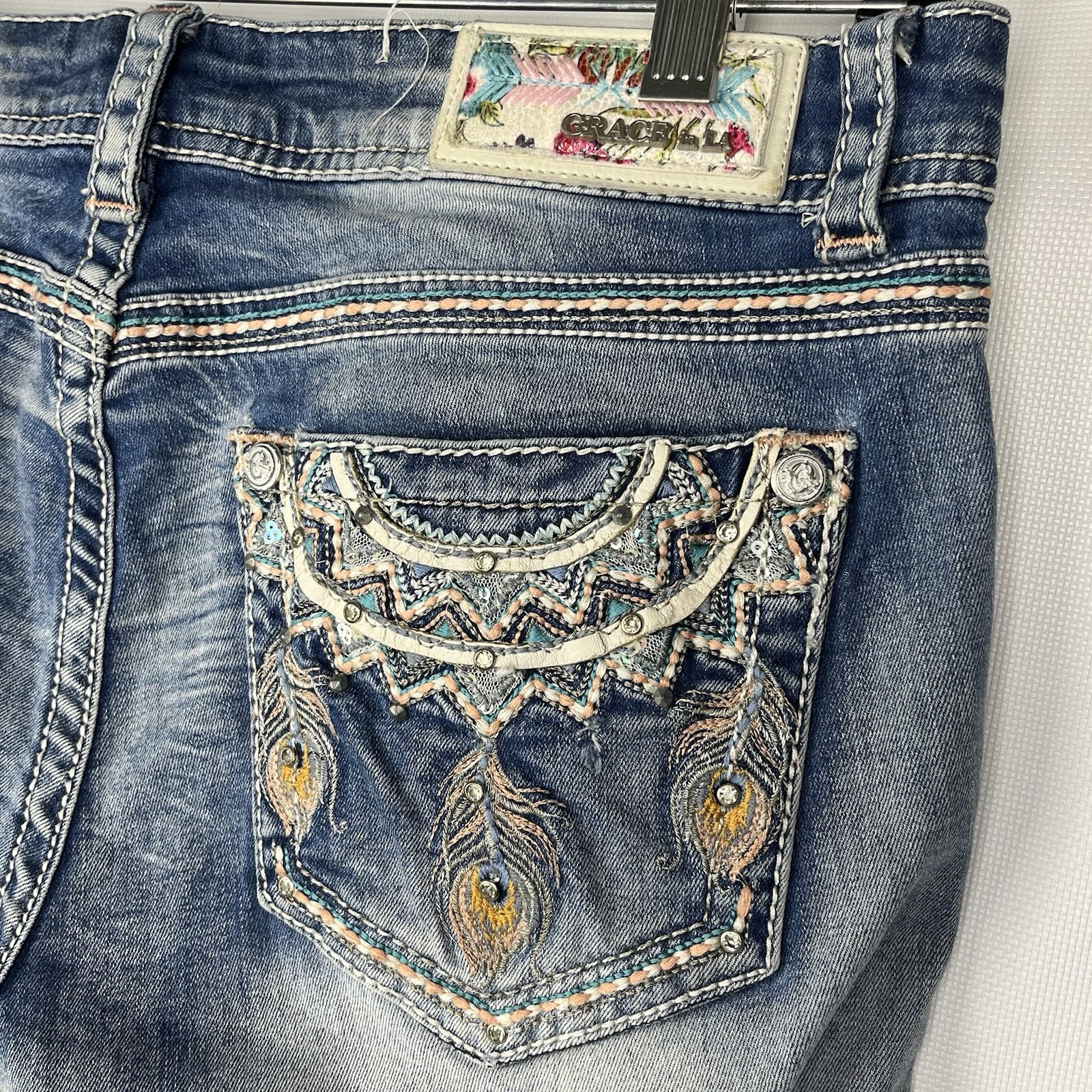 Grace in LA Womens 29 Embellished Jeans Bootcut Dreamcatcher Feathers Rhinestone