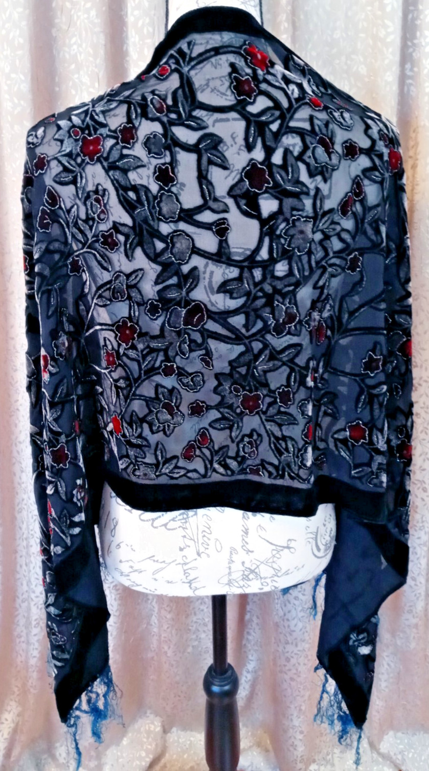 Bohemian Semi-Sheer Burgundy & Black Velvet Floral Fairy Fringed Scarf 60″ X 20″