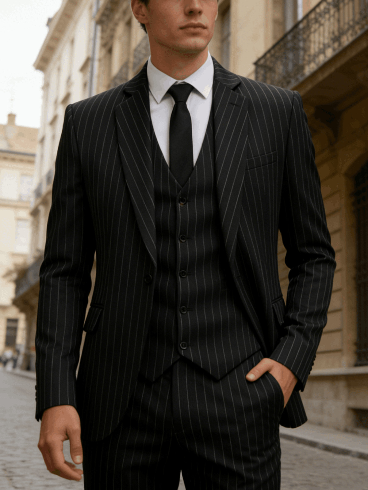 Premium Men’s Regular Fit 3Pcs Pinstripe Suit Waistcoat Formal Wedding Prom Set
