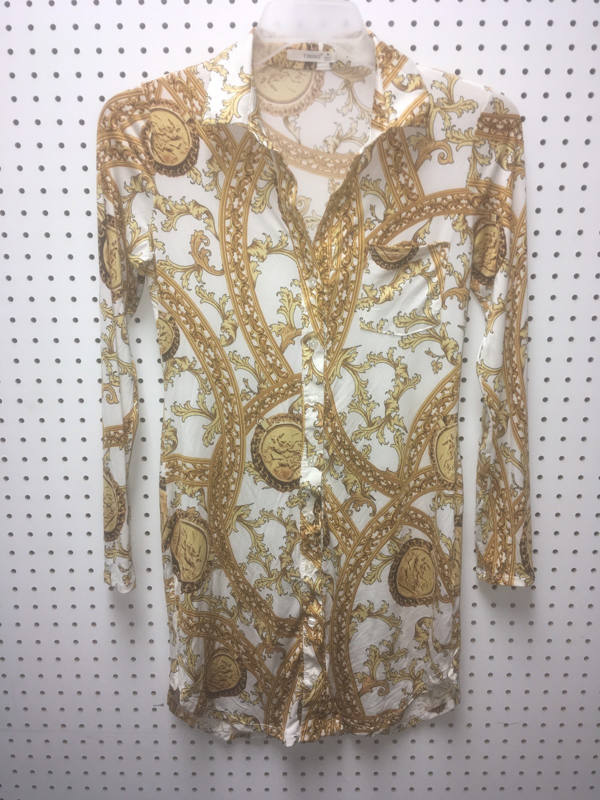Womens Timing Regalia Baroque Print Long Sleeve Button down Stretch Blouse sz M