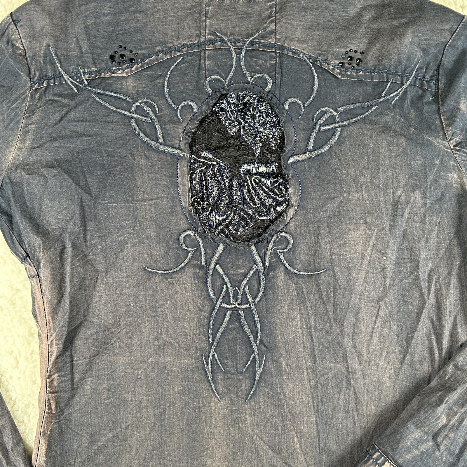 Vintage Roar Shirt Womens Medium Embroidered Rhinestone Western Button Front Top