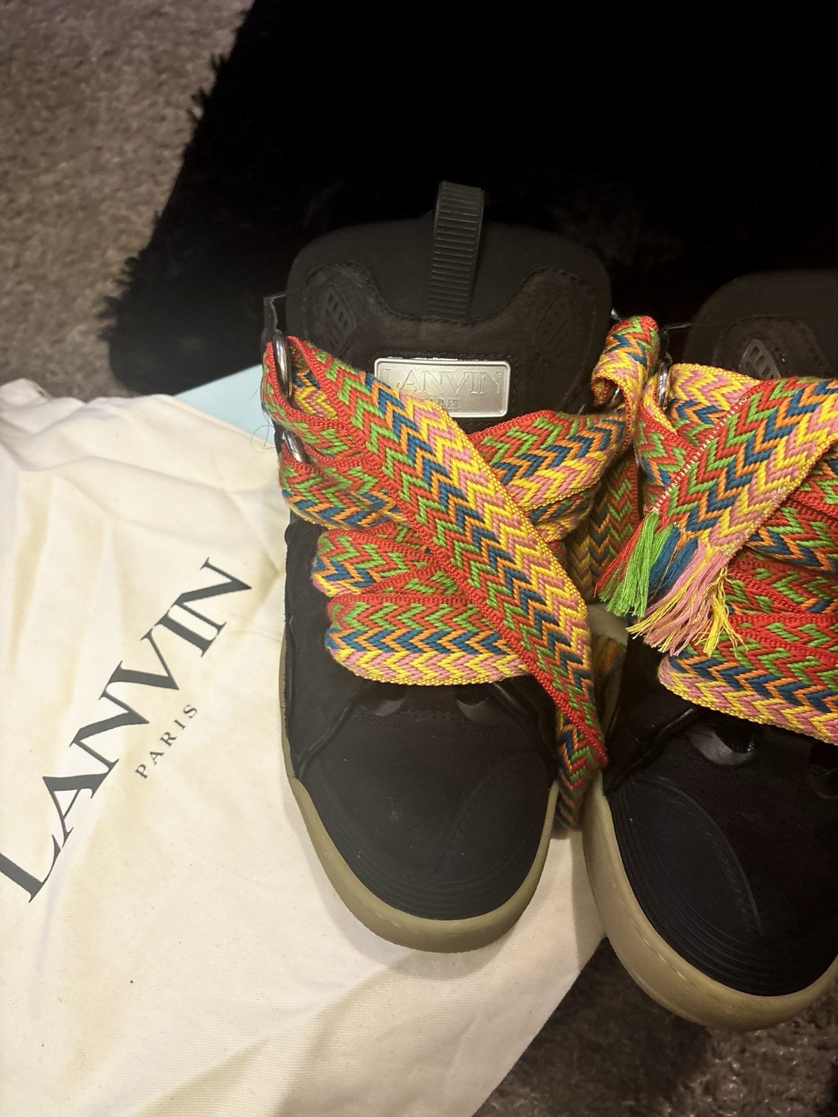 Lanvin Curb Men’s Leather Low Top Sneakers Black Colorblock Multicolor Laces