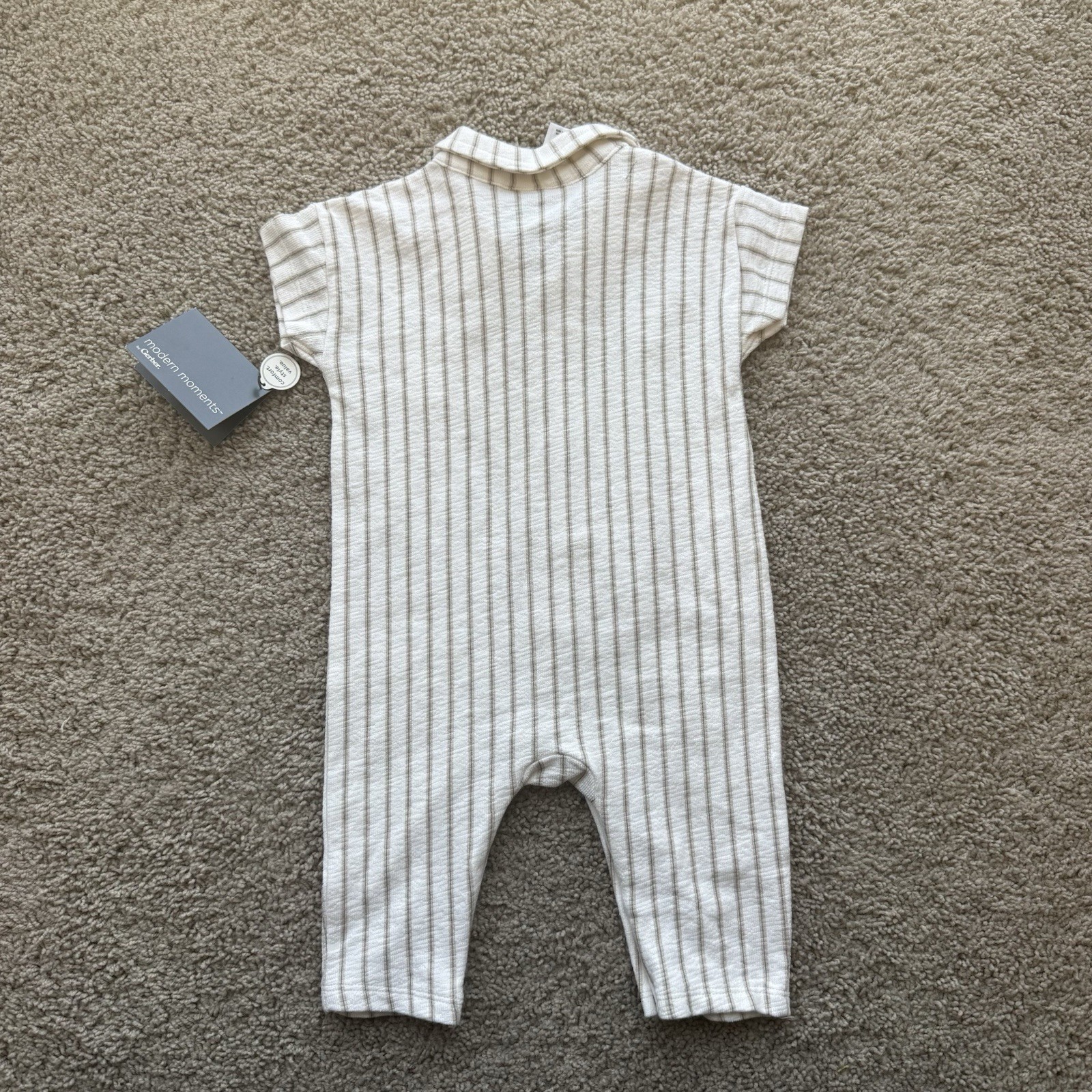 Modern Moments 3-6M White/Gray Striped Cotton Knit Romper Collared Button