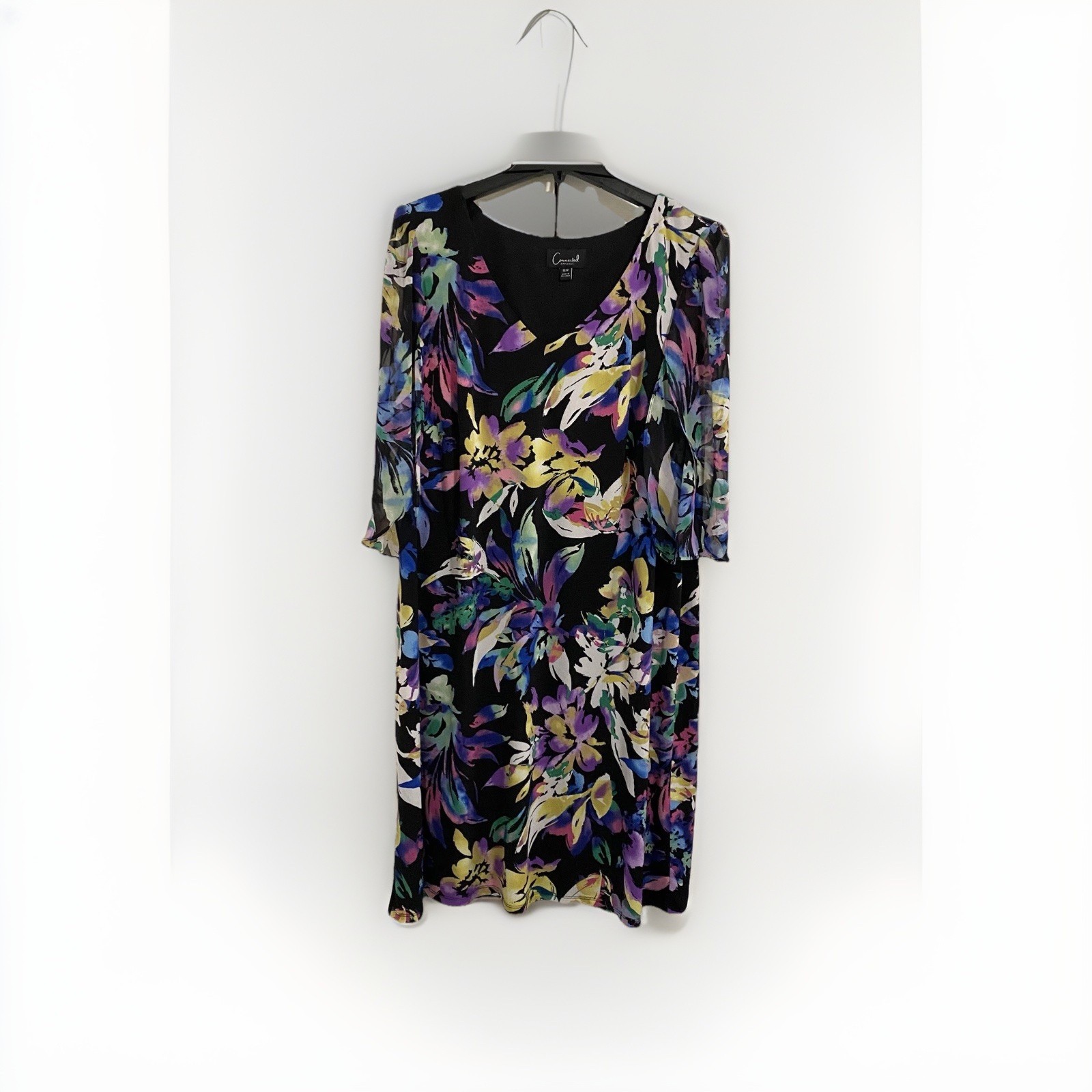 Connected Apparel 16W Black Floral Chiffon V-Neck Flutter Sleeve Dress
