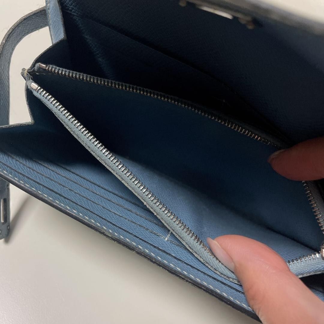 HERMES Paris Kelly Long Wallet Blue Jean Silver Folding Turn Lock Authentic