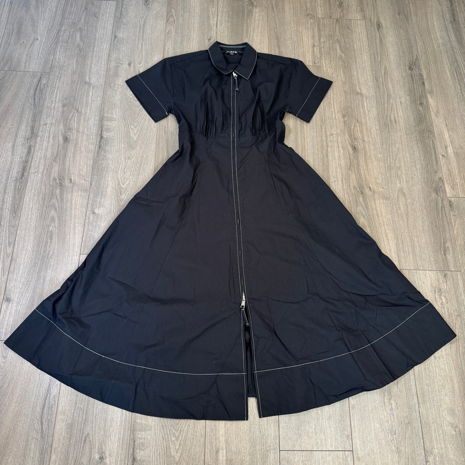 J.Crew Zip Up Shirtdress Womens 6 Black Midi Short Sleeve A-Lined Cotton Poplin