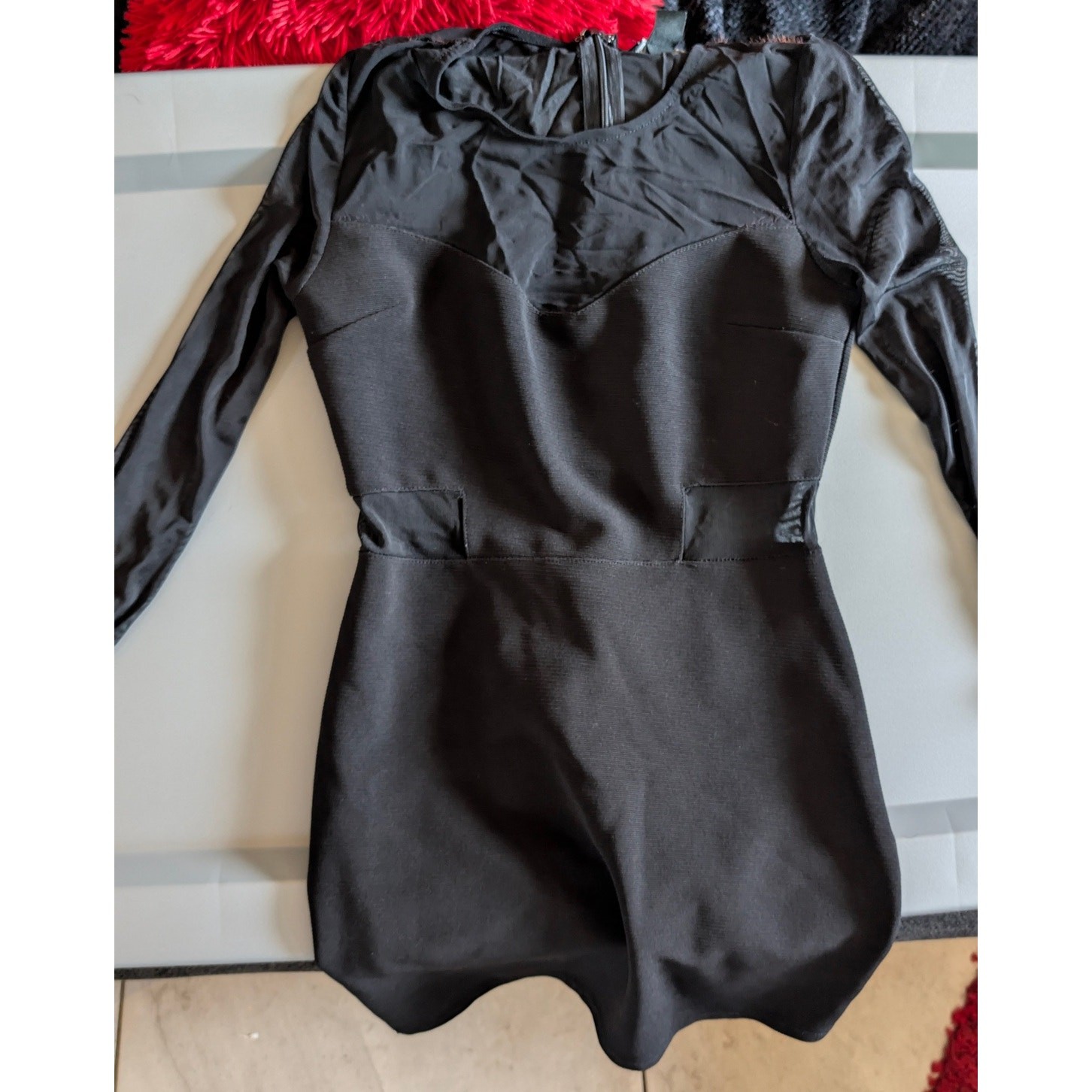 Black Fitted Long-Sleeve Dress with Sheer Accents & Sleeves