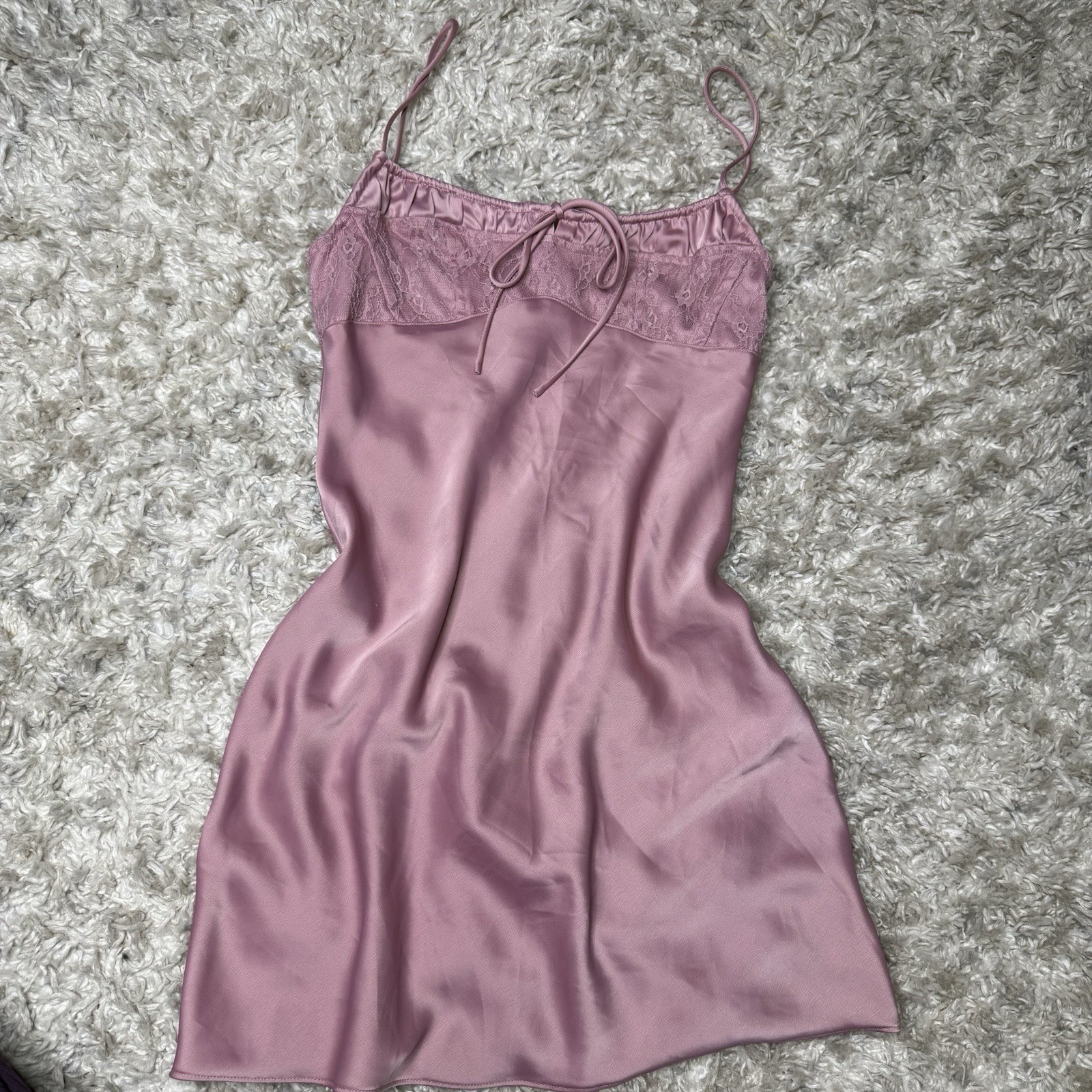 Urban Outfitters Satin Lace Bow Solid Full Slip Pink Adjustable Strap Size S