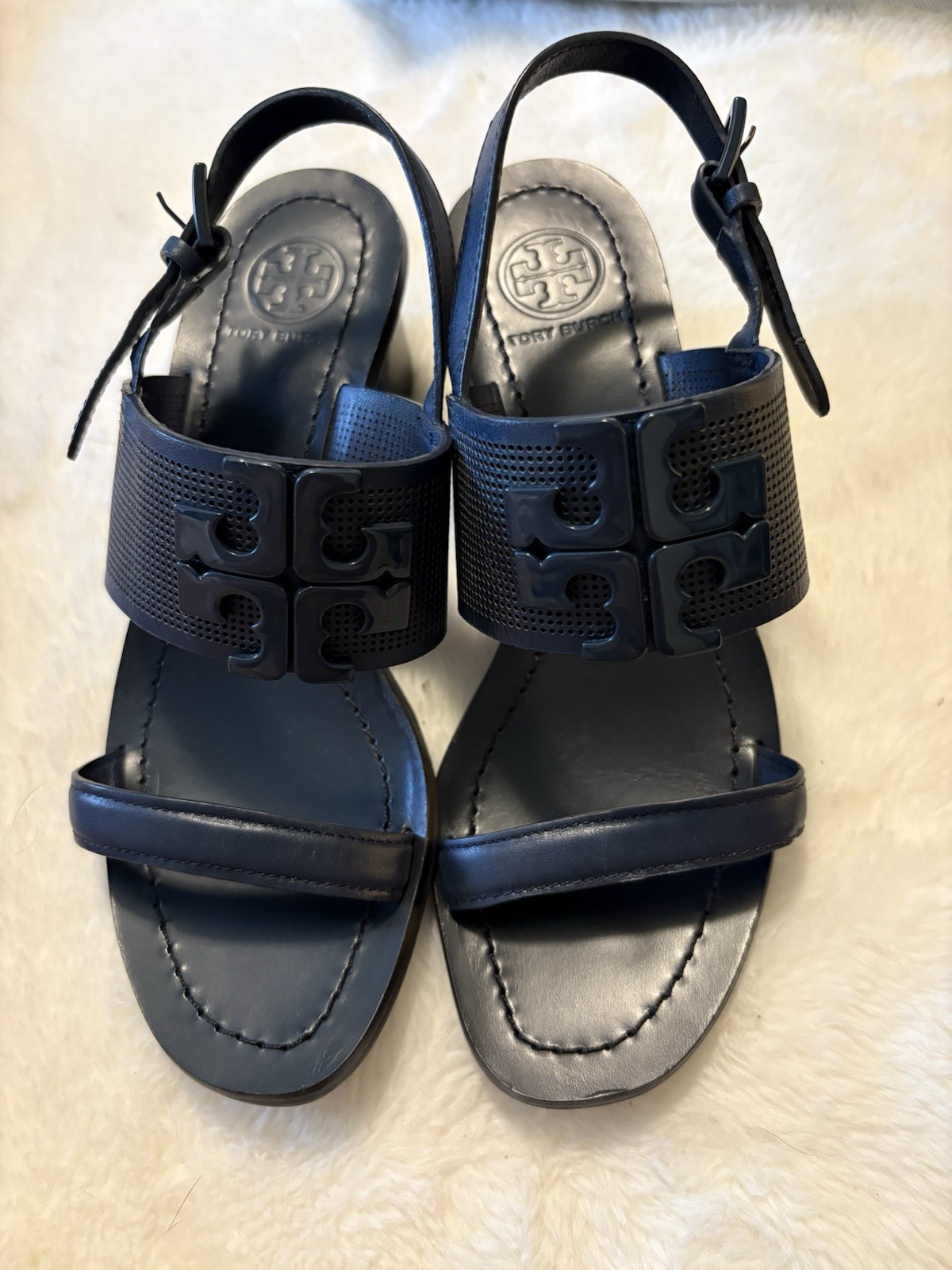 Tory Burch Black Strappy Leather Sandals Logo Buckle Ankle Strap Women US 5