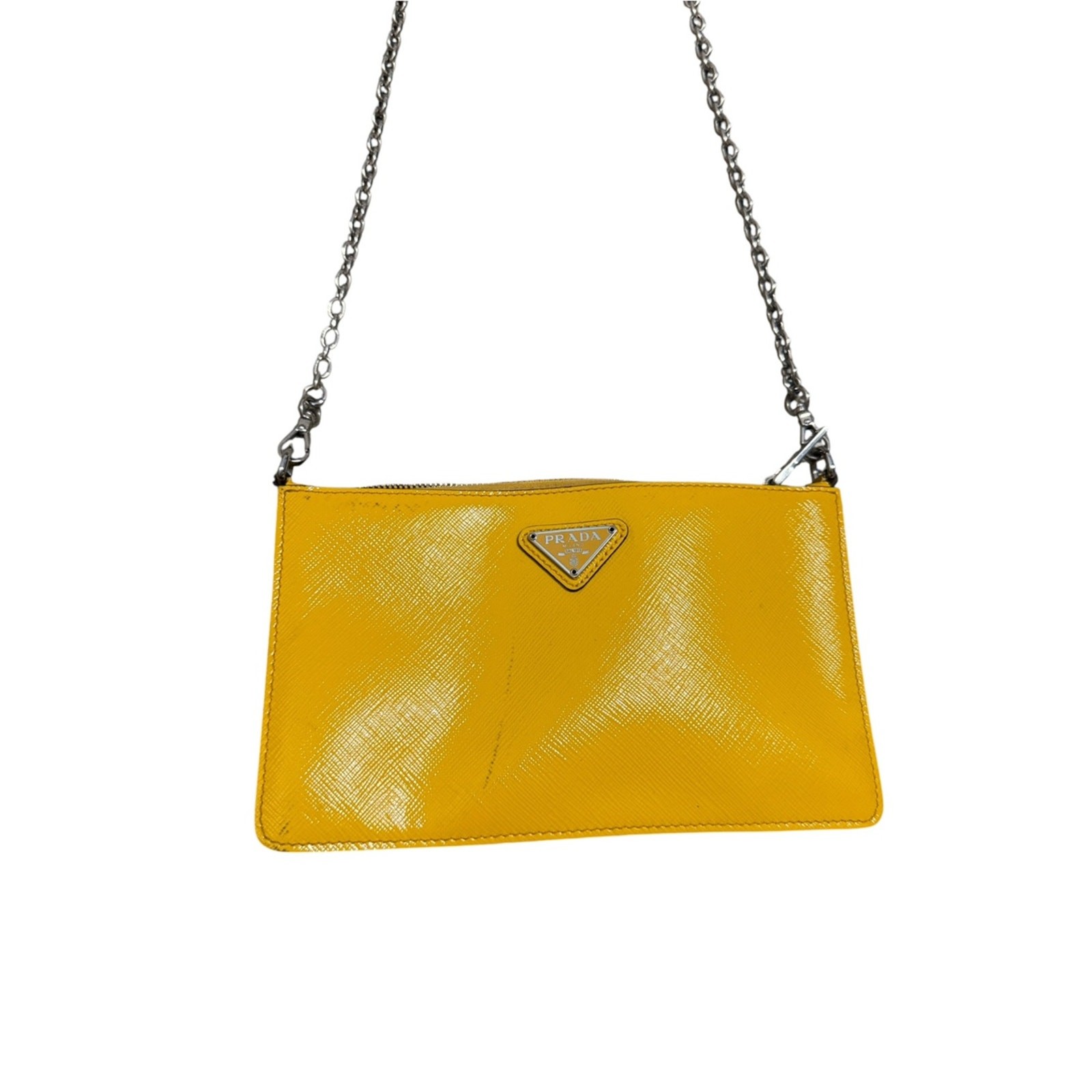 Prada Saffiano Vernice Yellow Patent Leather Triangle Logo Crossbody Bag