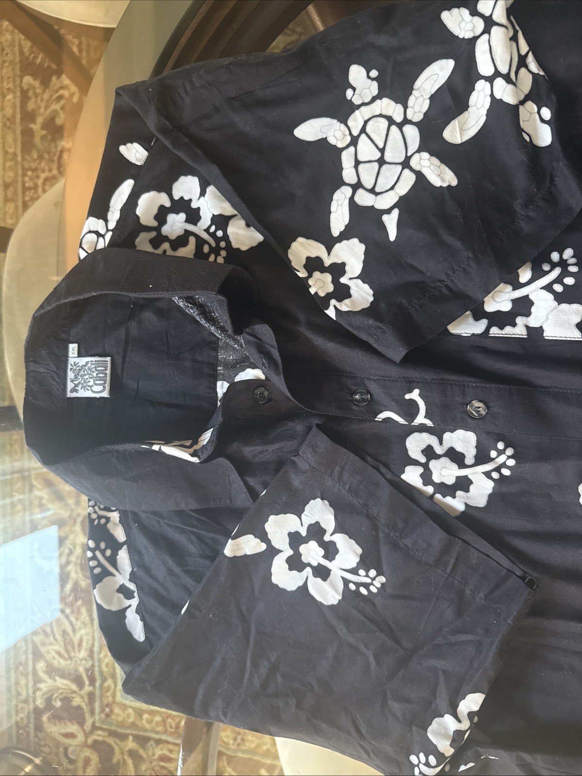 Cabali Hawaiian Shirt Mens XXL Black And White Short Sleeve Dolphins & Floral