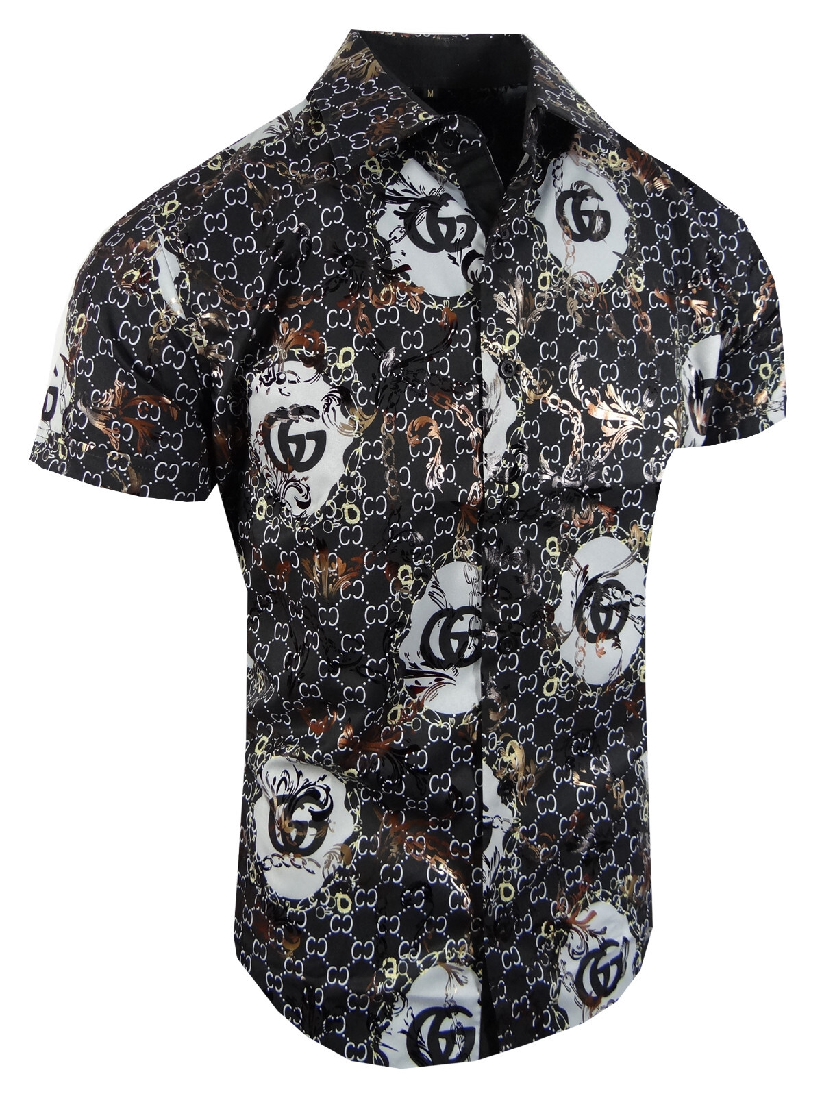 Mens Short Sleeve Shirt Italian Logo Gold Foil Floral Flip-Cuff Stretch Slim Fit