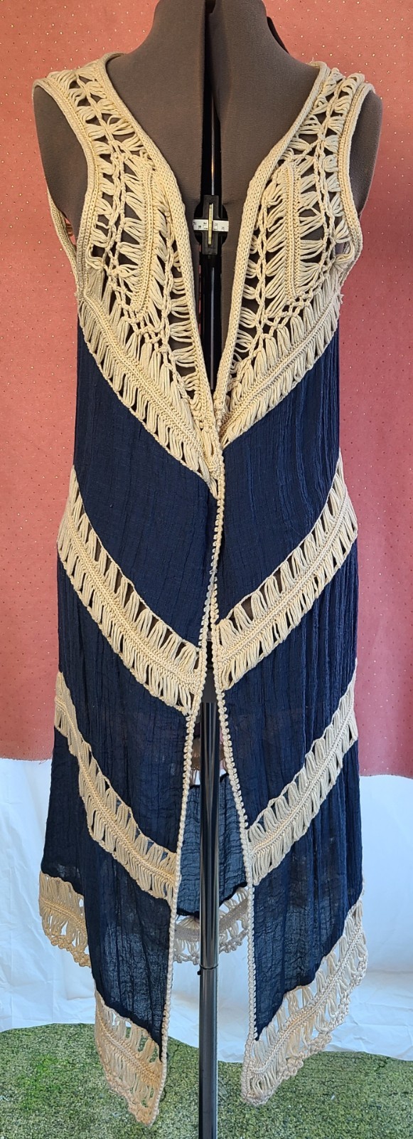 Cream & Blue Crochet Duster Over Wrap. Boho, Hippie Sz: M, Vivid Importers Of NY