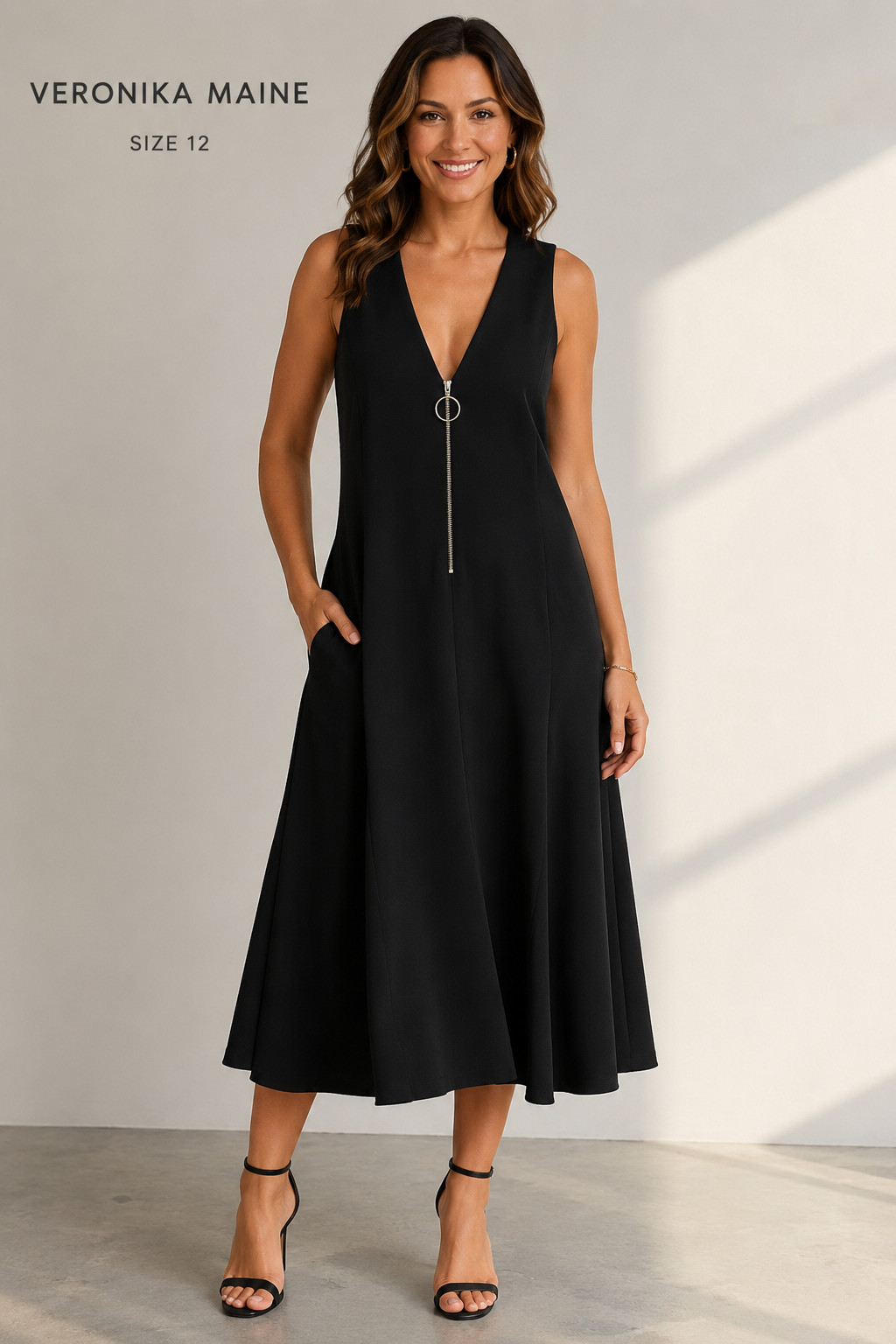 Veronika Maine Dress Size 12 Black Sleeveless A-Line Midi Ring Zip Made Australi