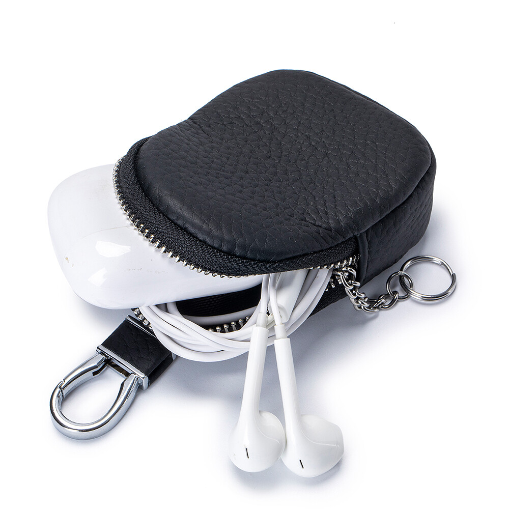 Genuine Leather Small Coin Change Wallet Purse w/Key Ring Earphones Storage Bag