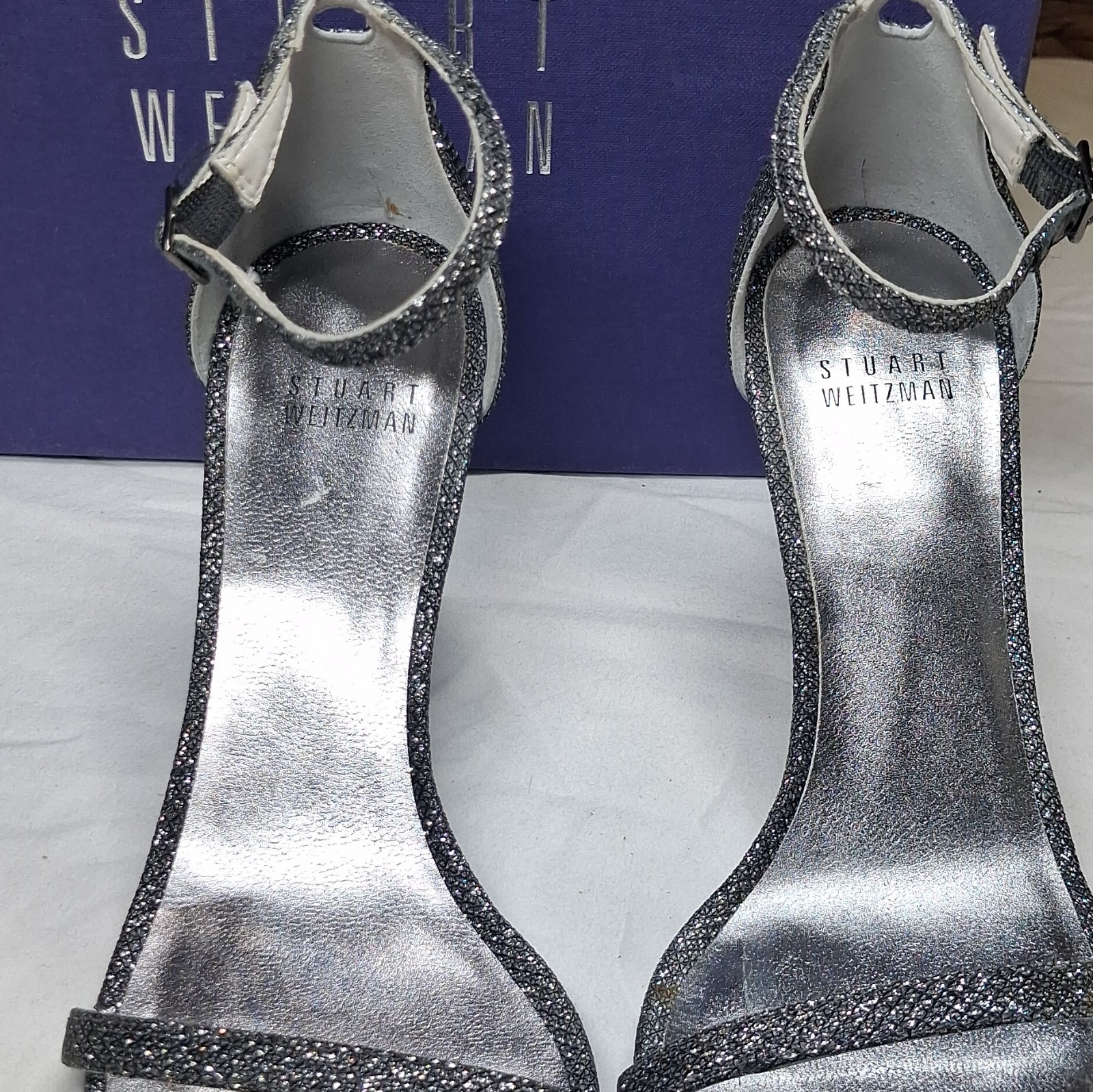 Stuart Weitzman Pewter Glitter Ankle Strap Stiletto Open Toe Heels 7B
