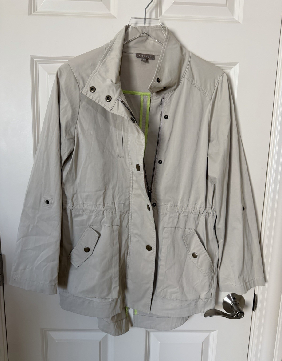 Lilla P Beige Utility Jacket Mid-Length Zip Snap Pockets Women’s Size S
