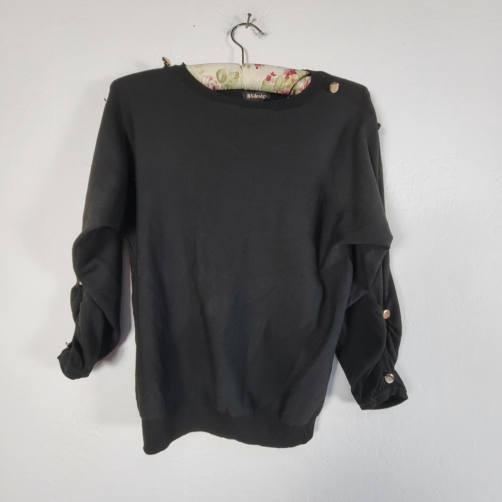 BY Design Womens Knit Sweater Small Black Ruched Sleeves with Button Accent New