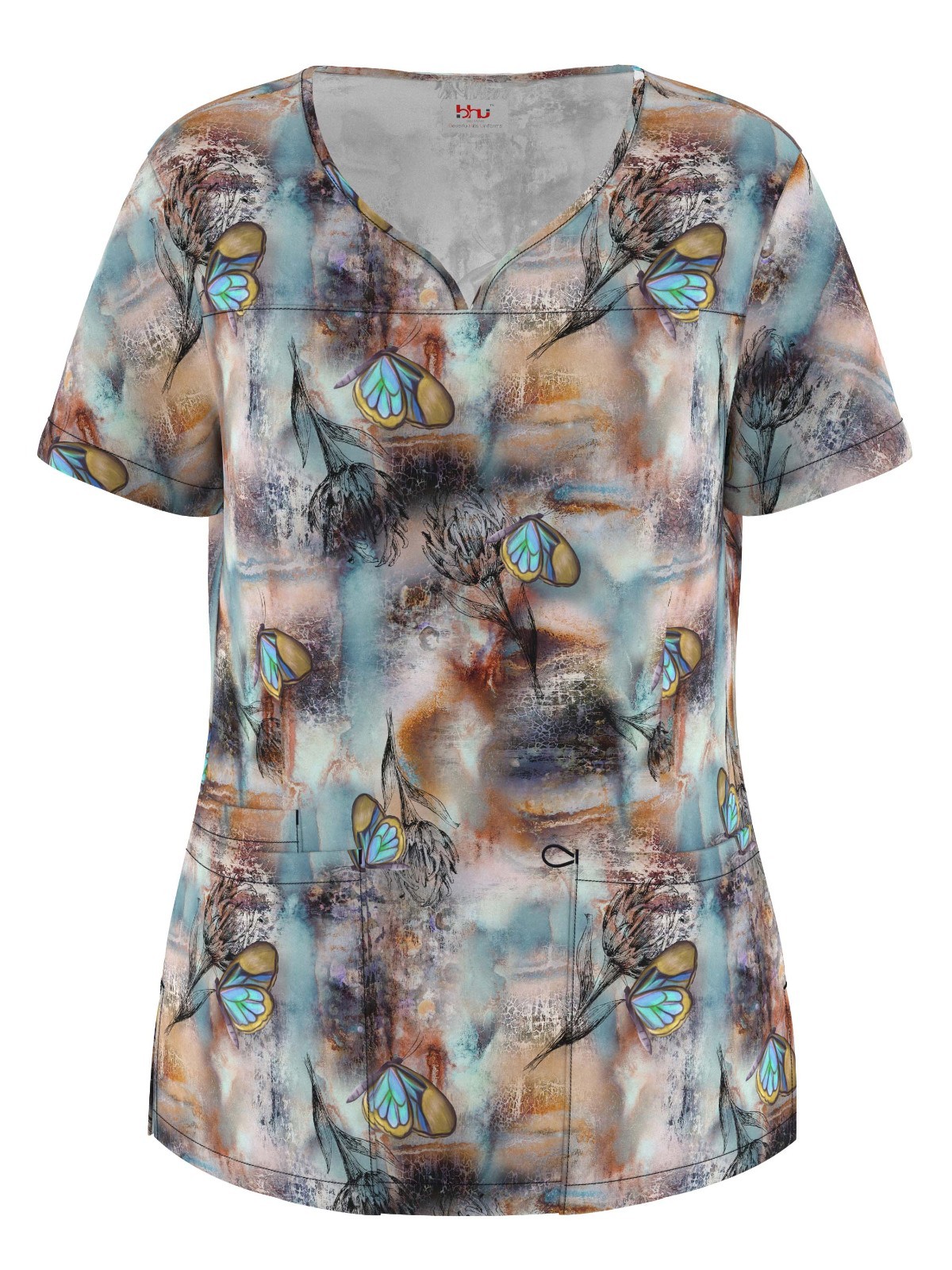 Women’s 4 Way Stretch Notch Collar Printed Scrub Top Sizes XS S M L XL 2XL NWT