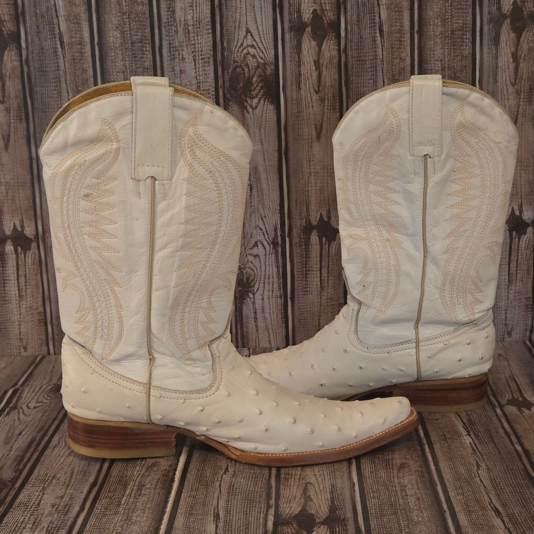 Sz 8.5 US Mens Los Gueritos Full Quill Ostrich White Western Cowboy Boots VGUC