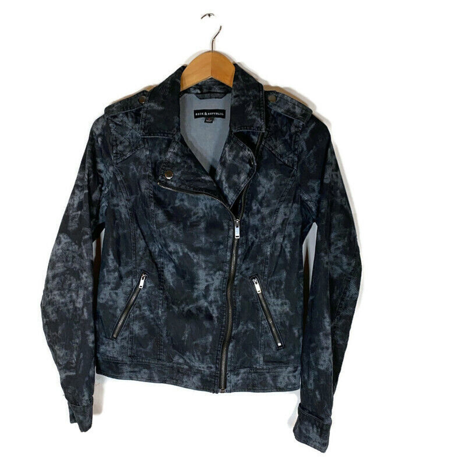 Rock & Republic Moto Jacket Sz Small Tie Dye Cloth Black Full Zip Pockets Biker