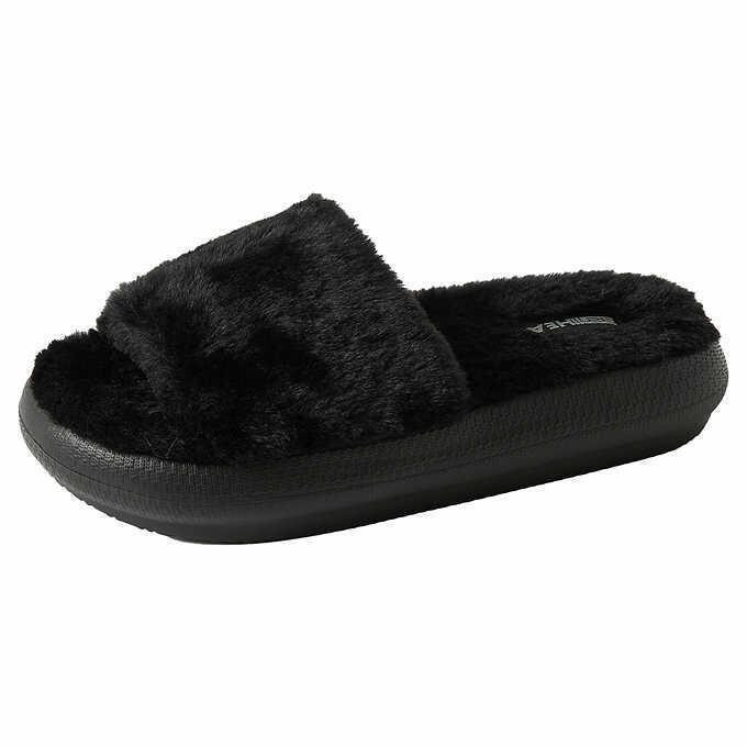 32 Degrees Heat Plush Fuzzy Warm Slippers Faux Fur Cushion Slides, Black