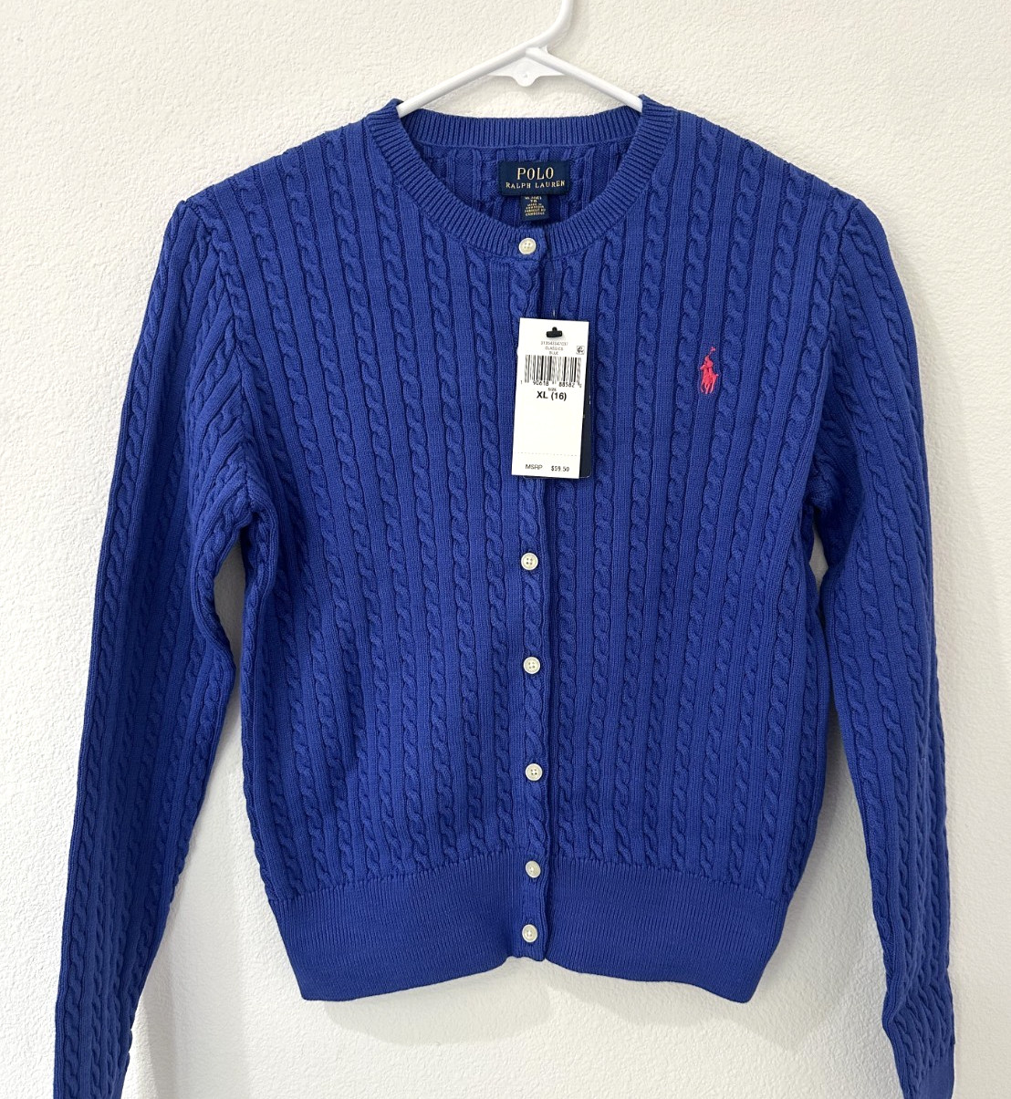Polo Ralph Lauren Girls Blue Cardigan Cable Knit Sweater Size XL NWT