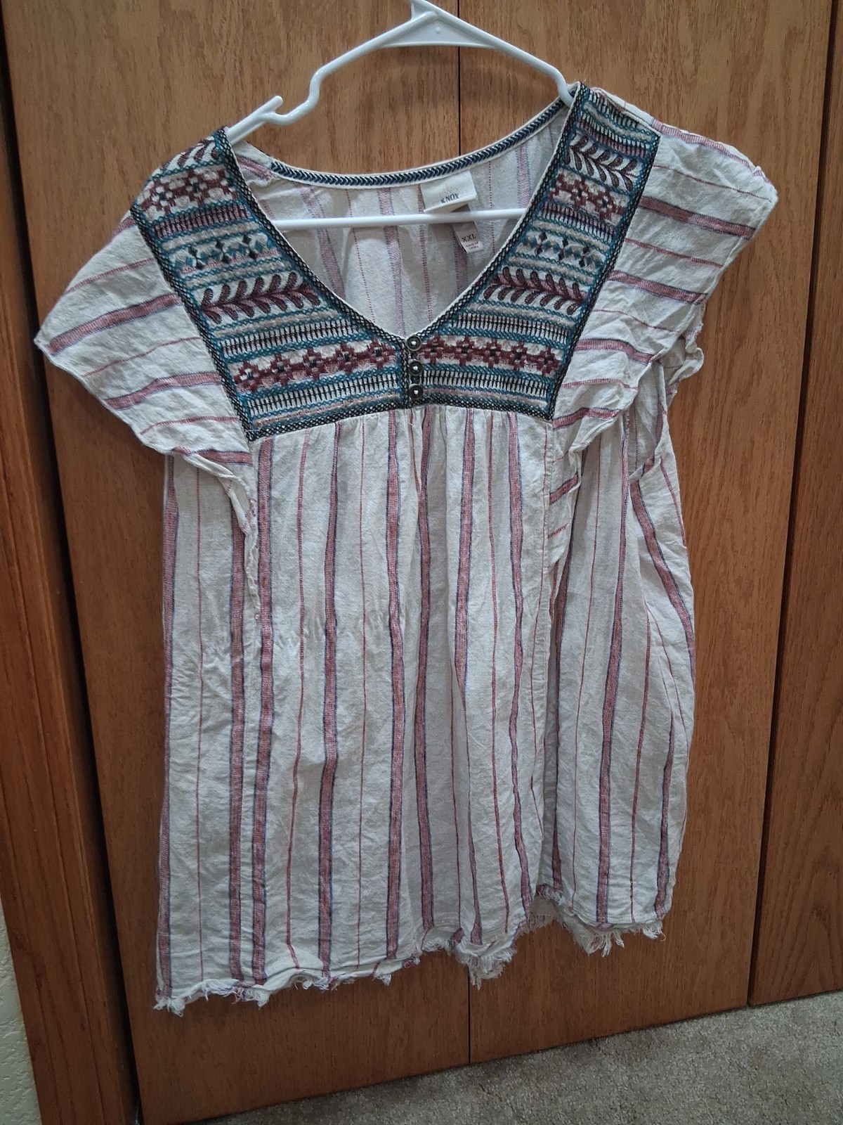 Knox Rose Embroidered Flutter Sleeve Top Red White Striped Boho Blouse Size XXL