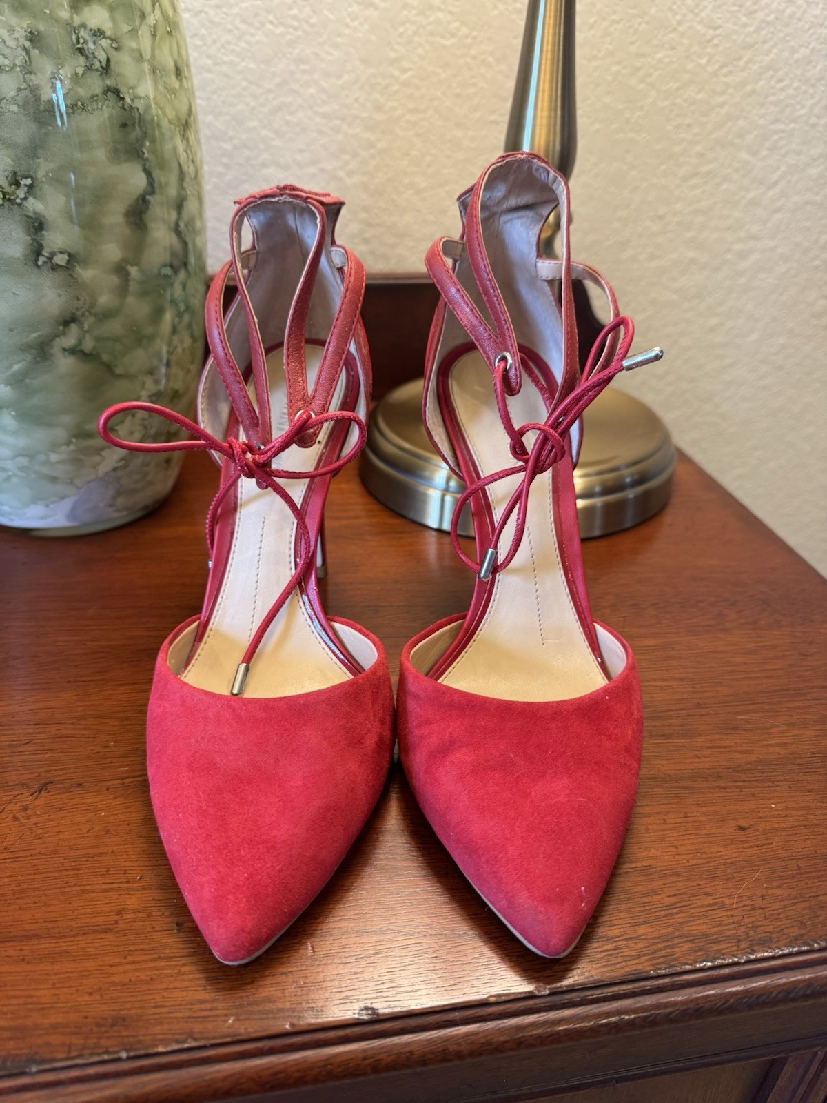 Gianni Bini Red Suede Pointed Toe Lace-Up Strappy Stiletto Pumps Sz 7 M