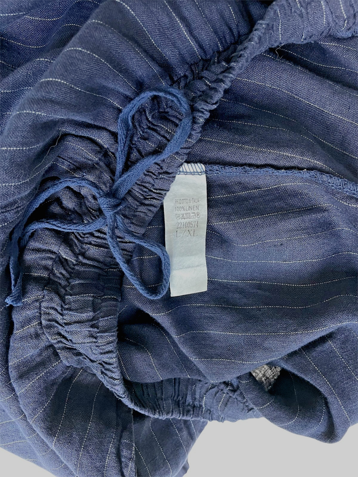 Sorbet Italy 100% Linen Pants L XL Blue Pinstripe Wide Leg Elastic Waist