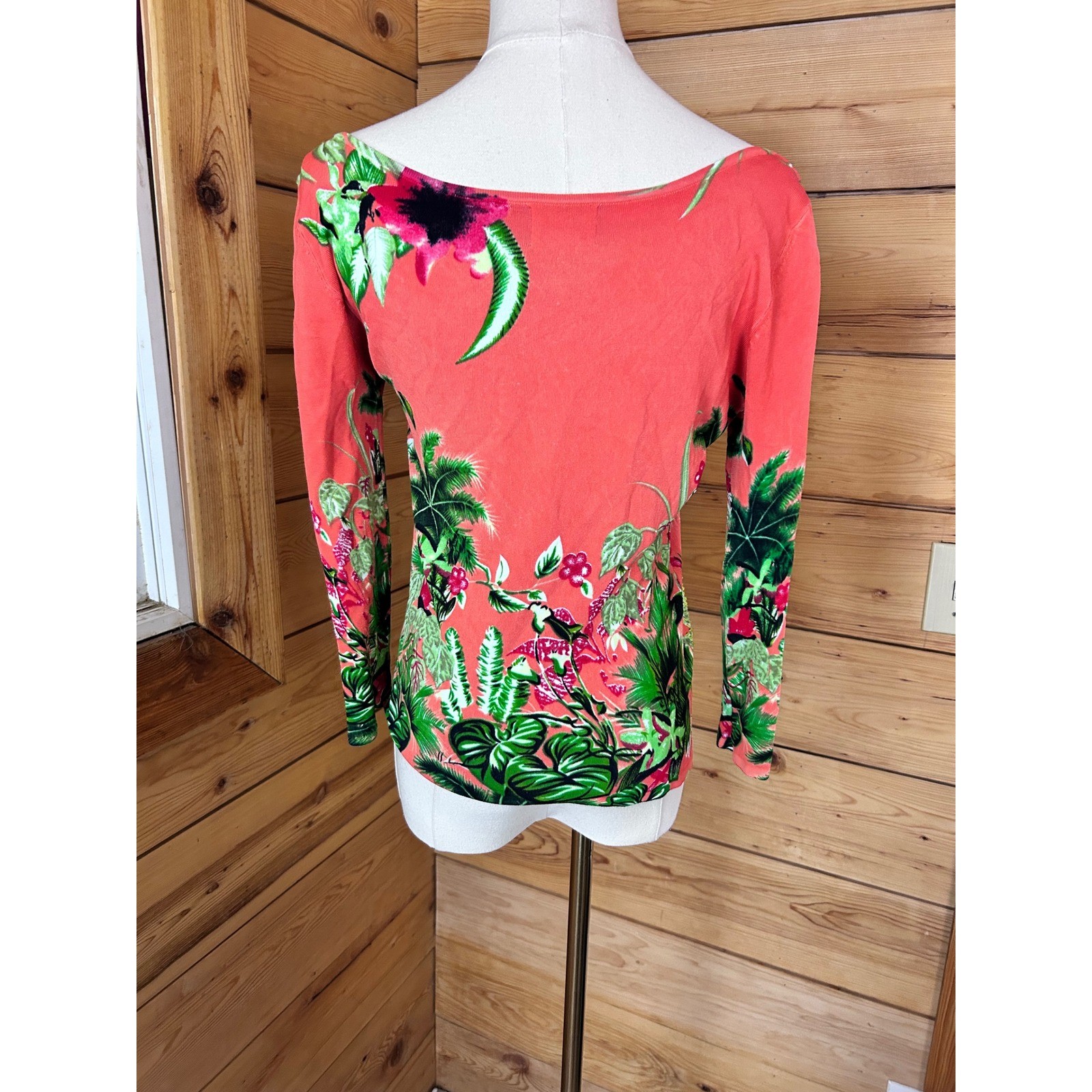 Tropical Floral Print Boat Neck Knit Shirt Women Medium Coral Pink Aubergine Y2K