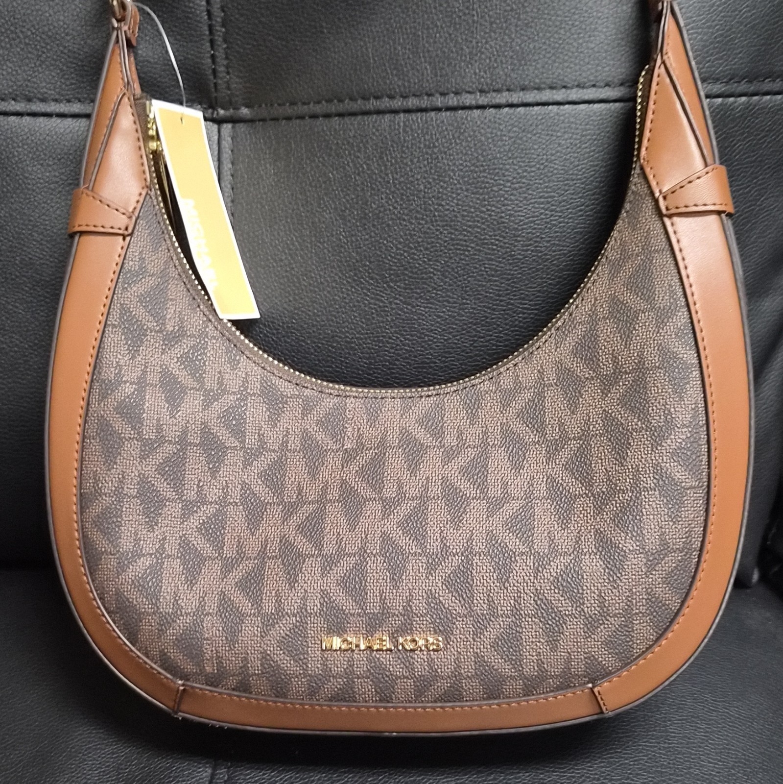 Michael Kors Small Brown Logo Hobo Shoulder Bag Zip Top Adjustable Strap Gold