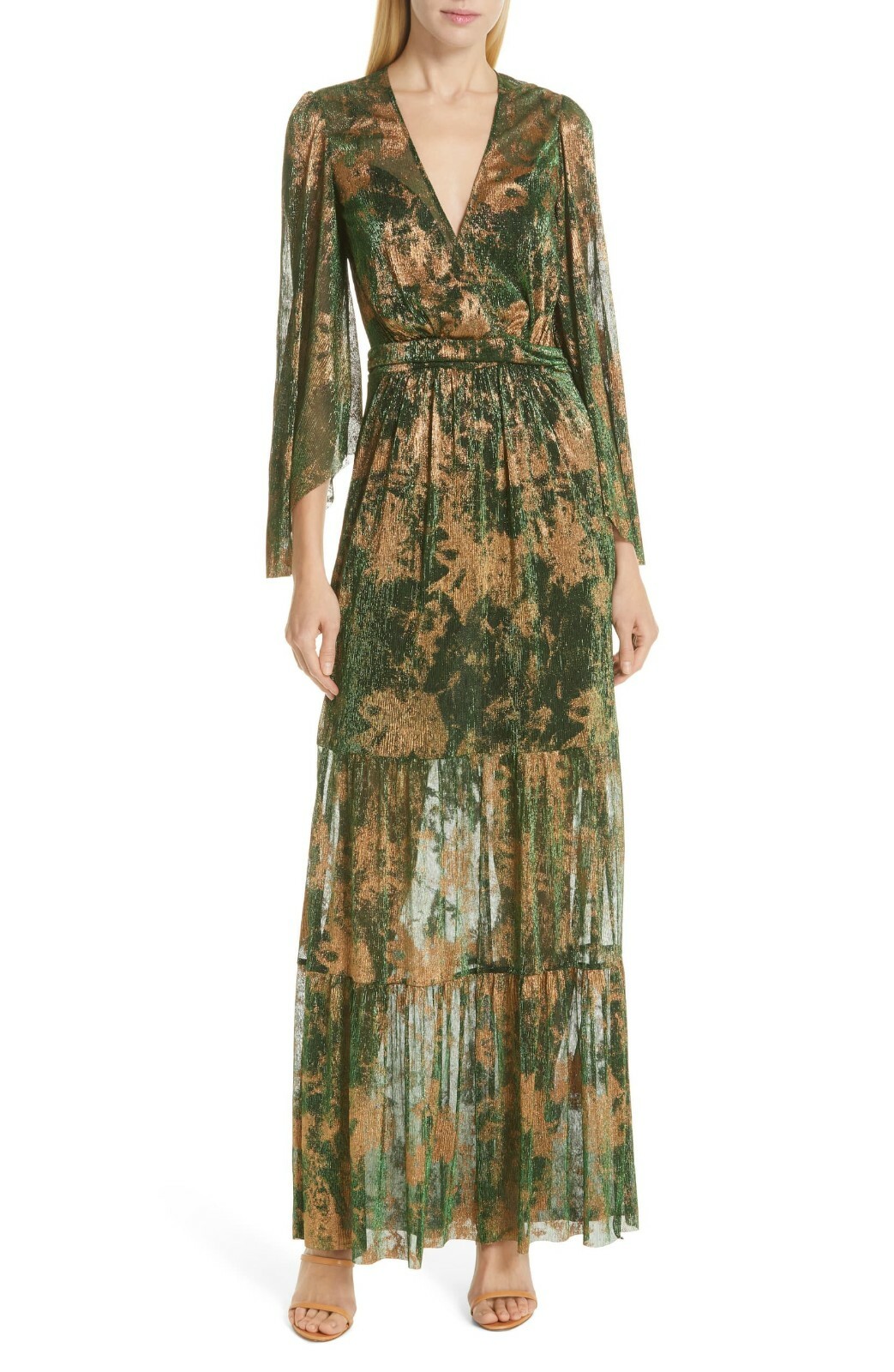 BA&SH Vert Green Bronze Metallic VIANCA Grecian V-Neck Maxi Dress 3 10 US LARGE
