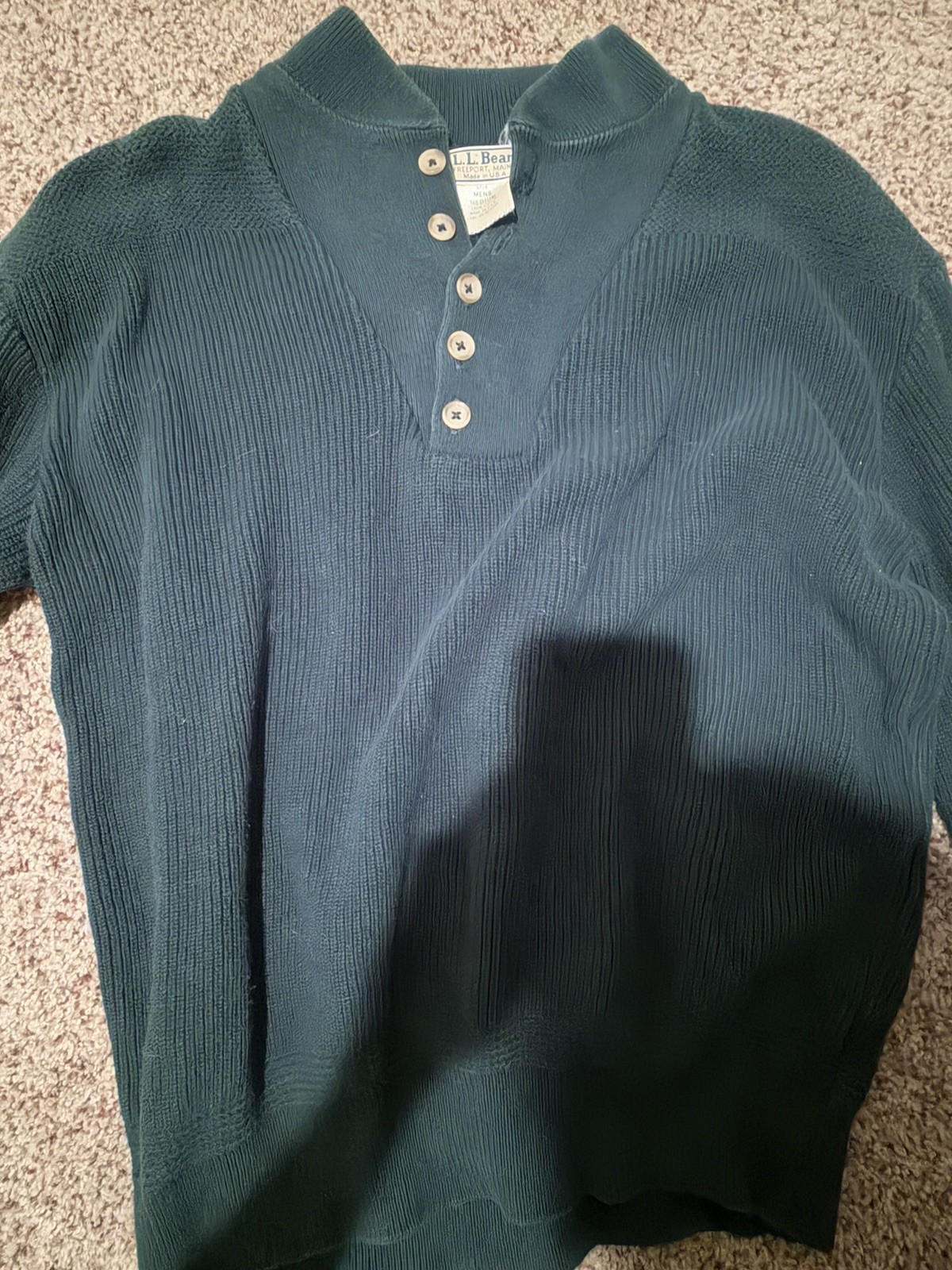 Vintage LL Bean Sweater Mens Medium Green Henley Knit Made in USA