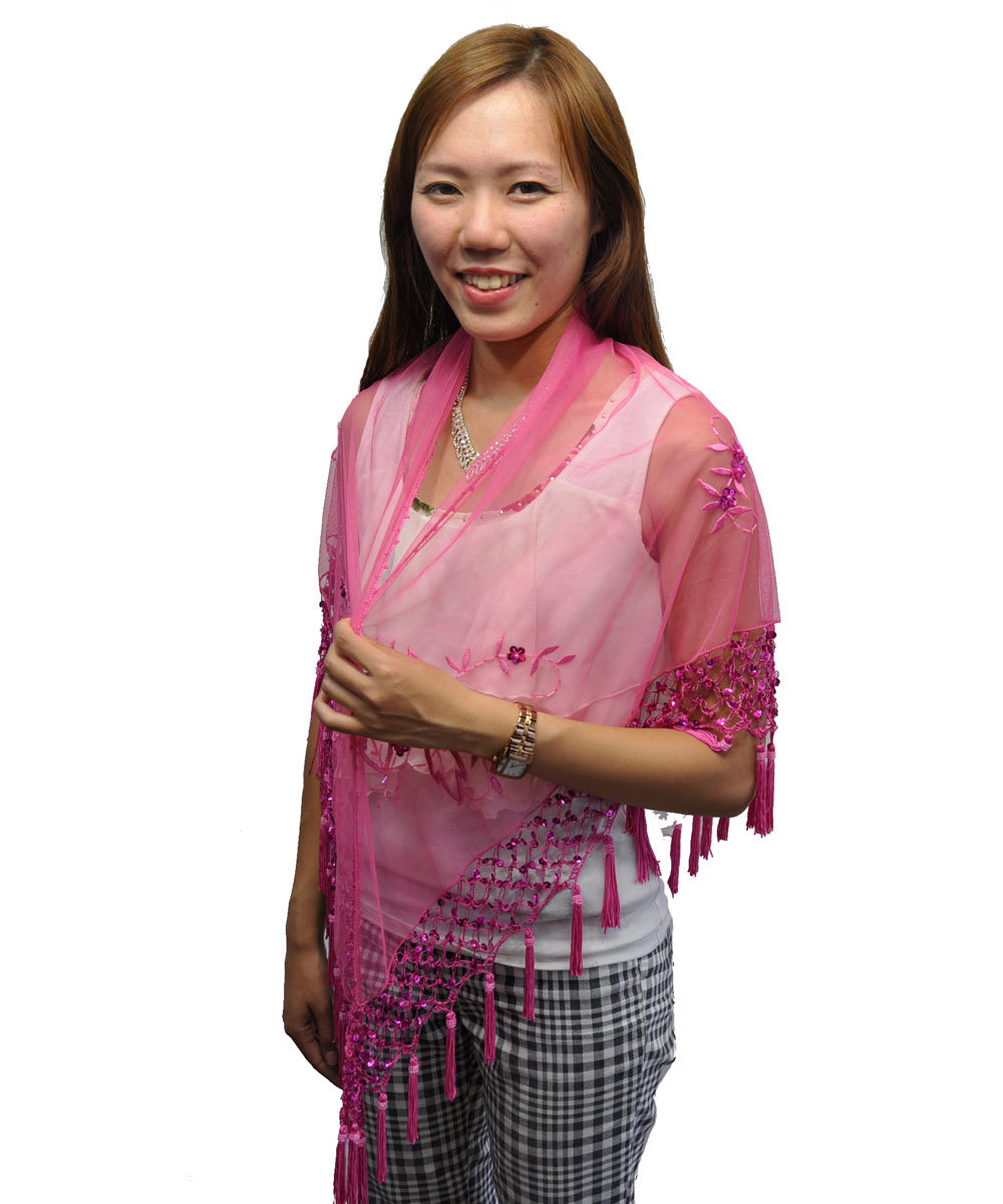 Lady’s light red color triangle beaded embroidery shawl with tassel