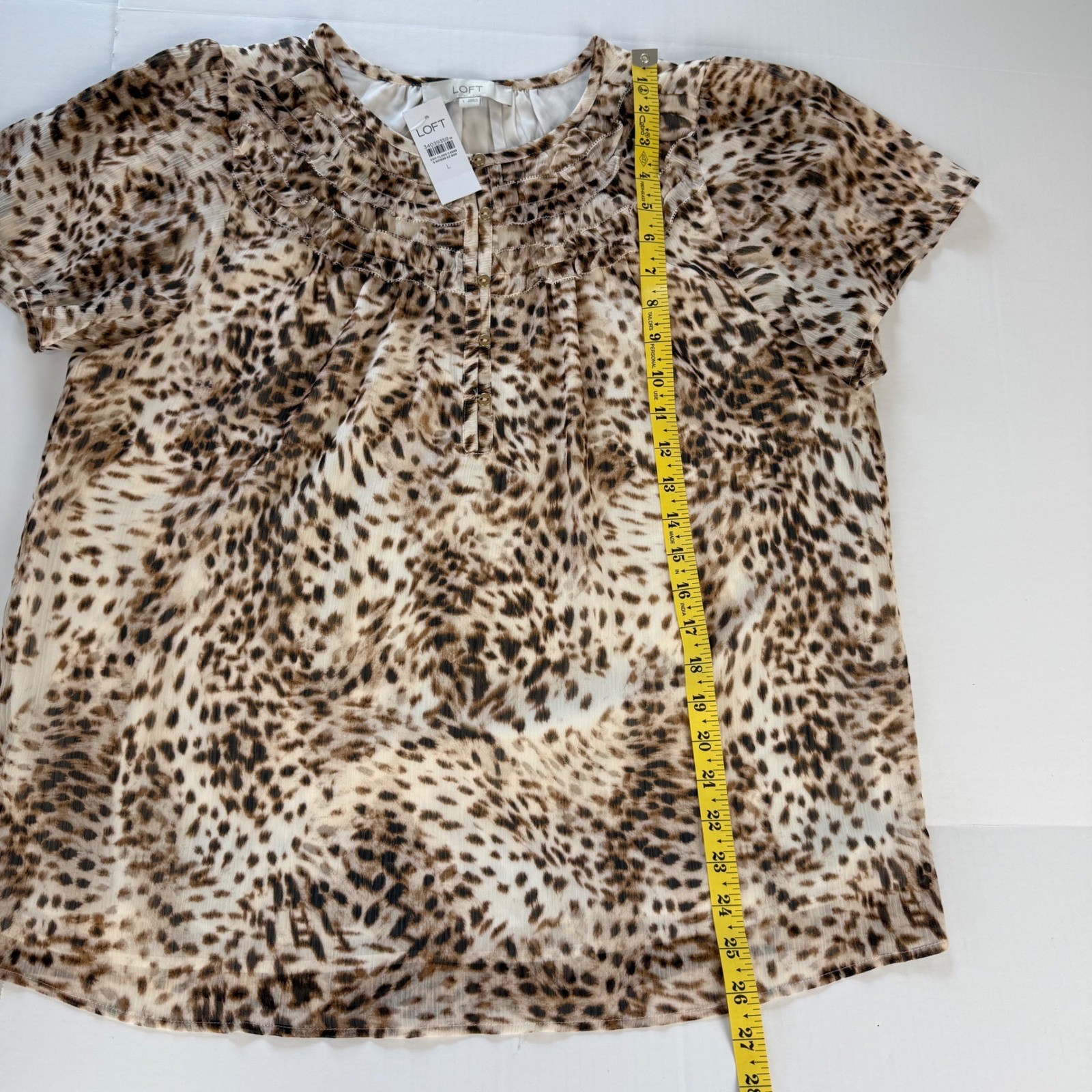 LOFT Leopard Print Ruffle Neck Button Front Chiffon Blouse Brown Large NWT