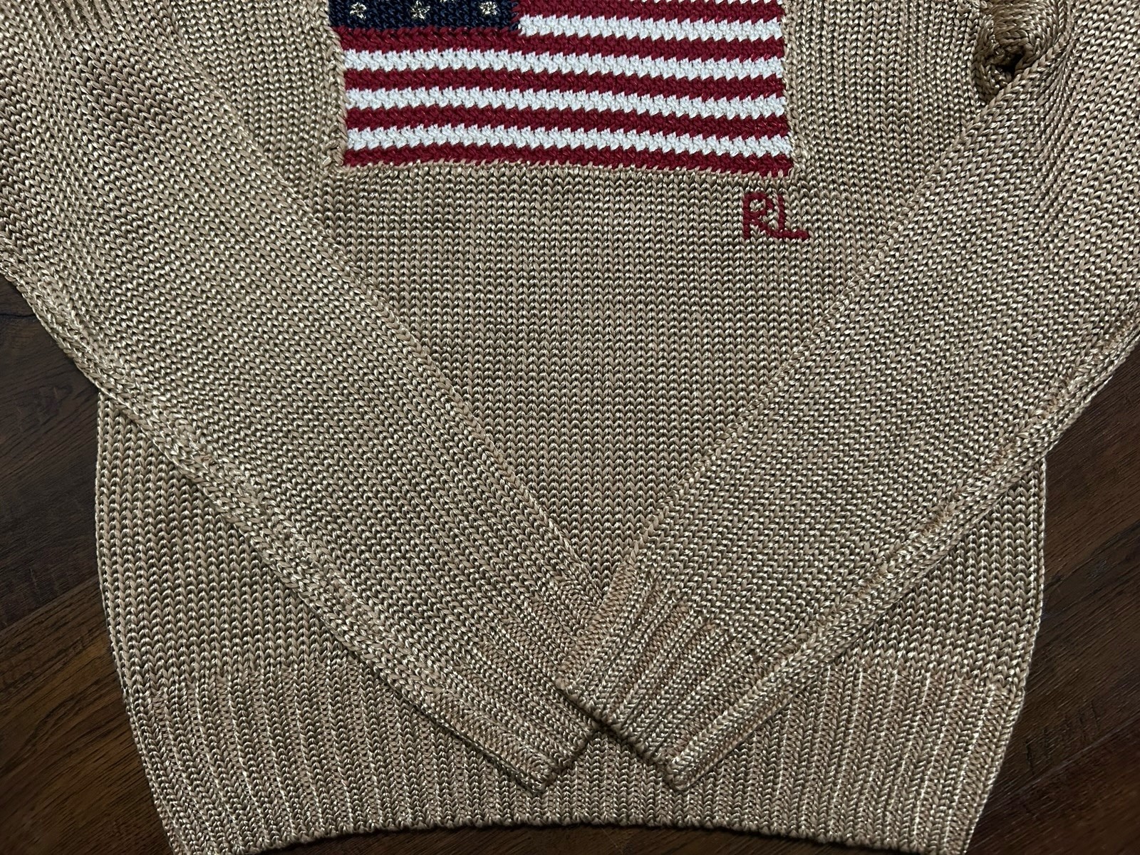 Size L. Polo Ralph Lauren Gold Knit Sweater American Flag Embroidery