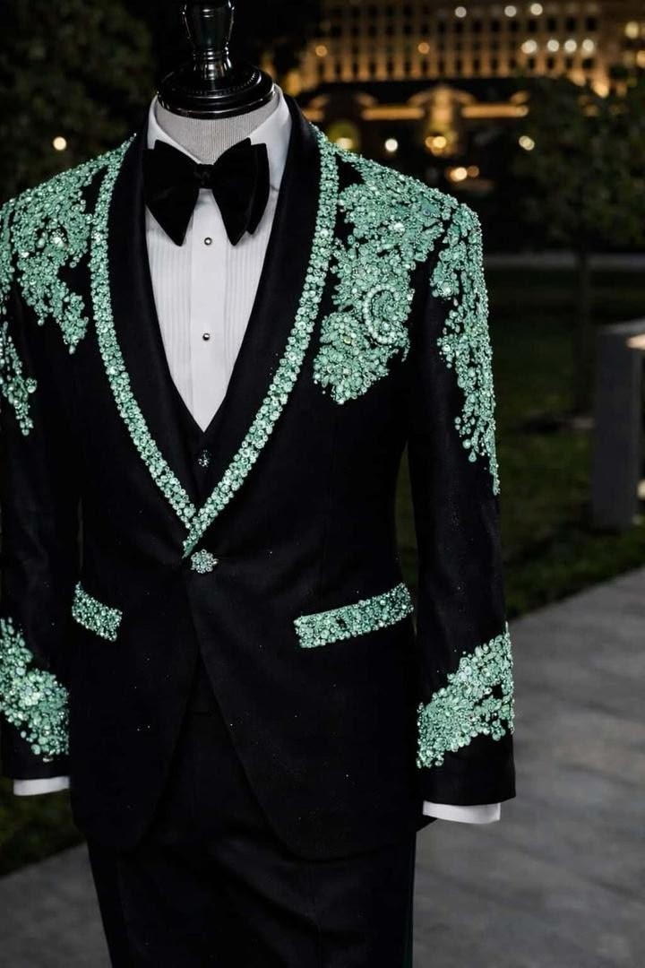 Luxury Beading Green Diamond Suits for Men Black 2Pcs Graduation Party Coat