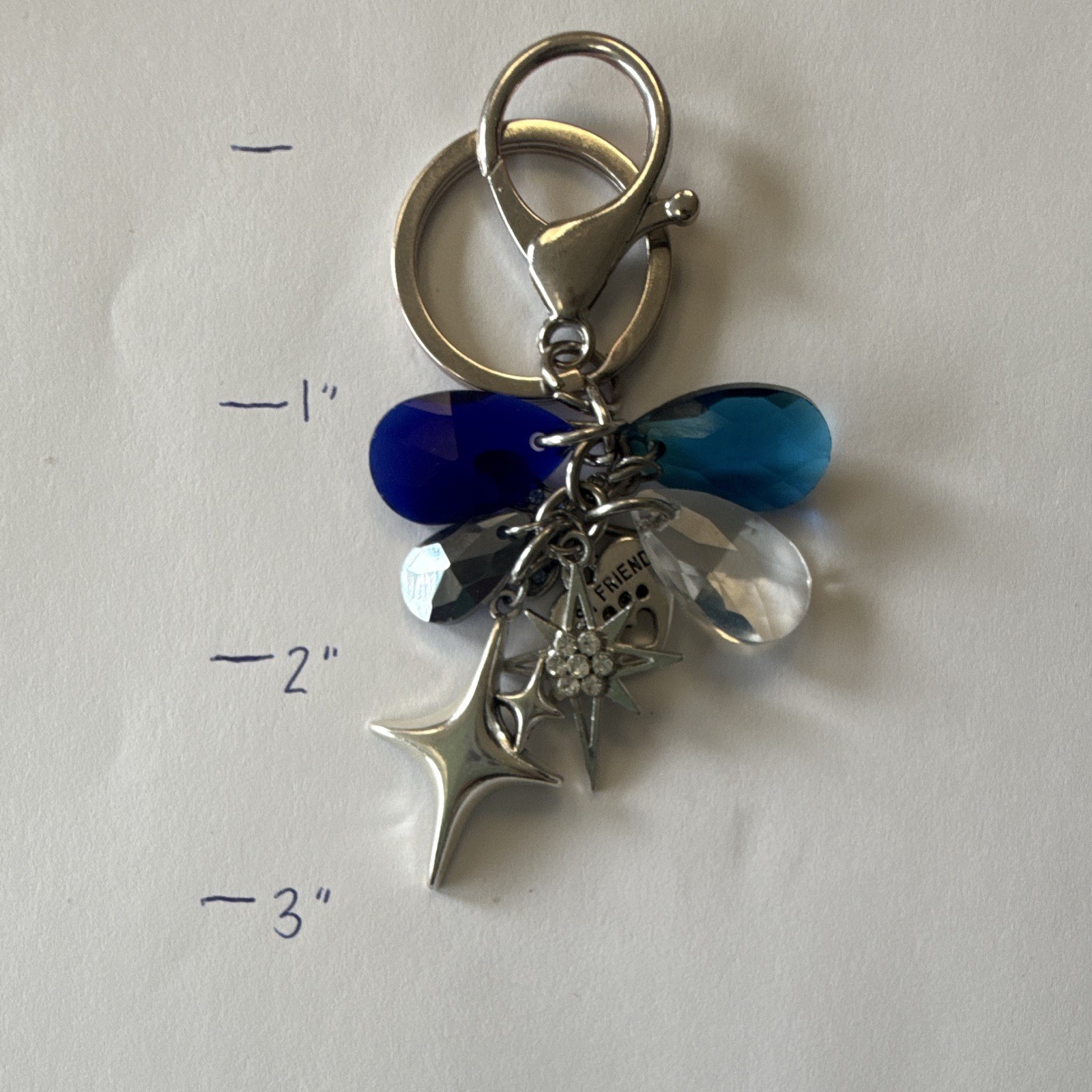 Silver Tone Star Charm Key Chain w/ Blue & Clear Faceted Beads, Lobster Clasp