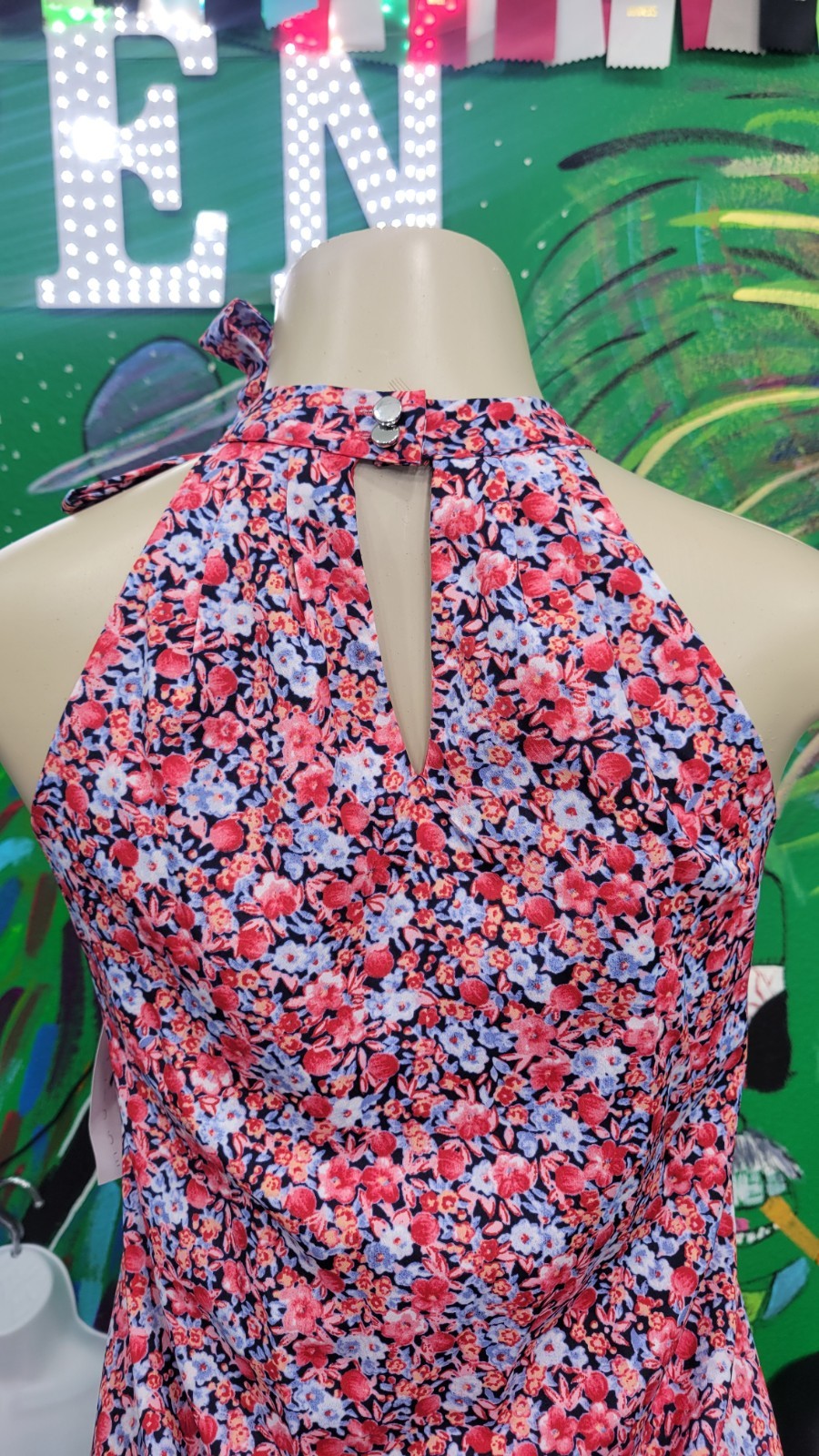 Maison Jules Floral Halter Tie-Neck Keyhole A-Line Short Dress Pink/Blue Sz S